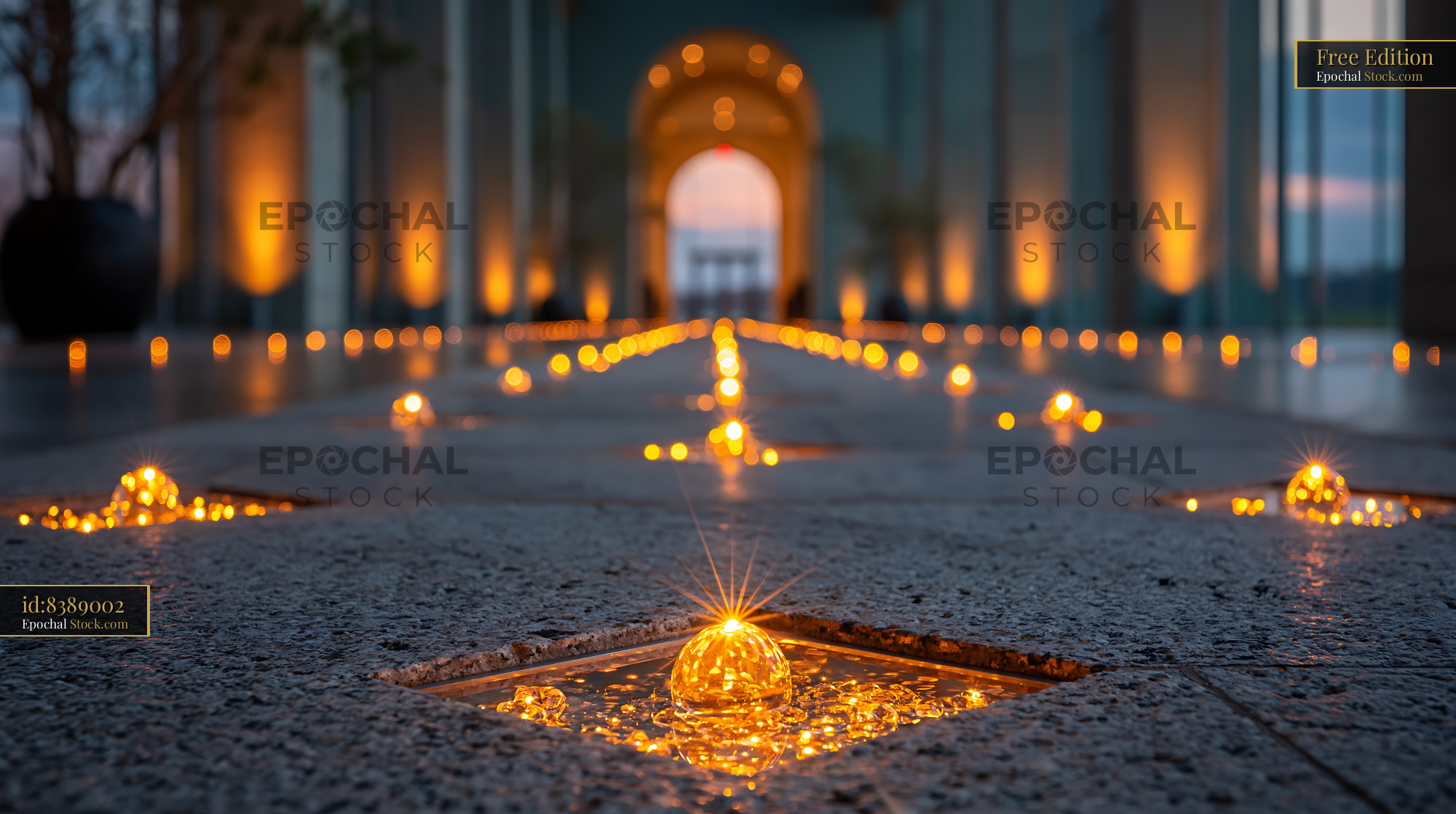 Sparkling floor lights leading to a grand archway at a gala event - stock photo