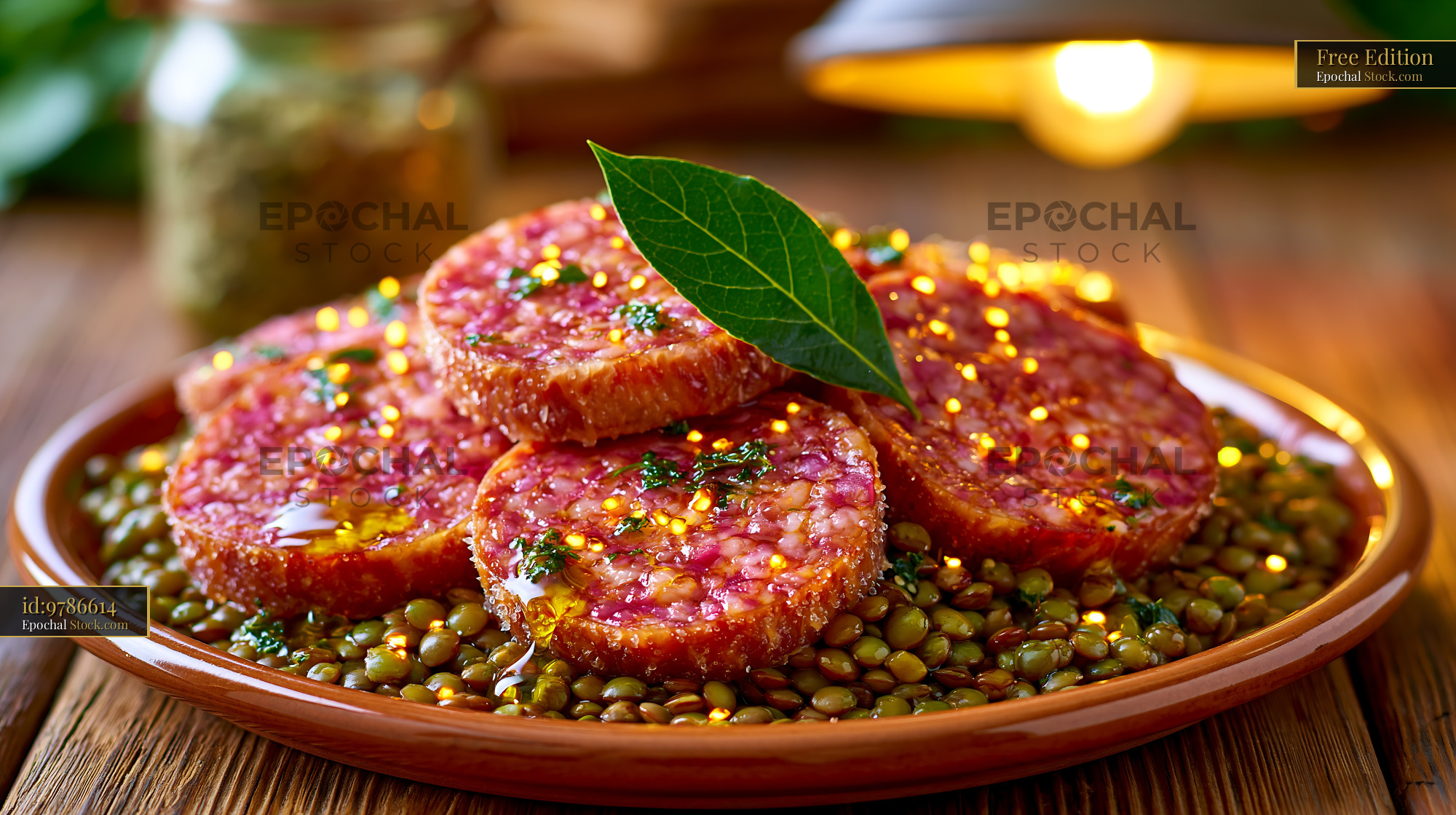Slices of soppressata di calabria meat served over green lentils - stock photo