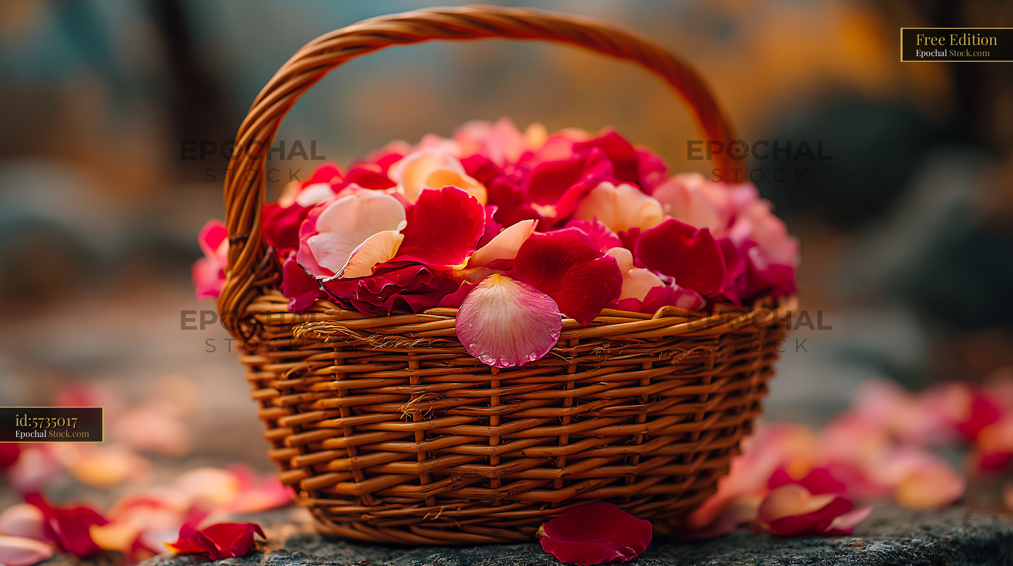 Wicker basket filled with fresh red and pink rose petals outdoors - stock photo