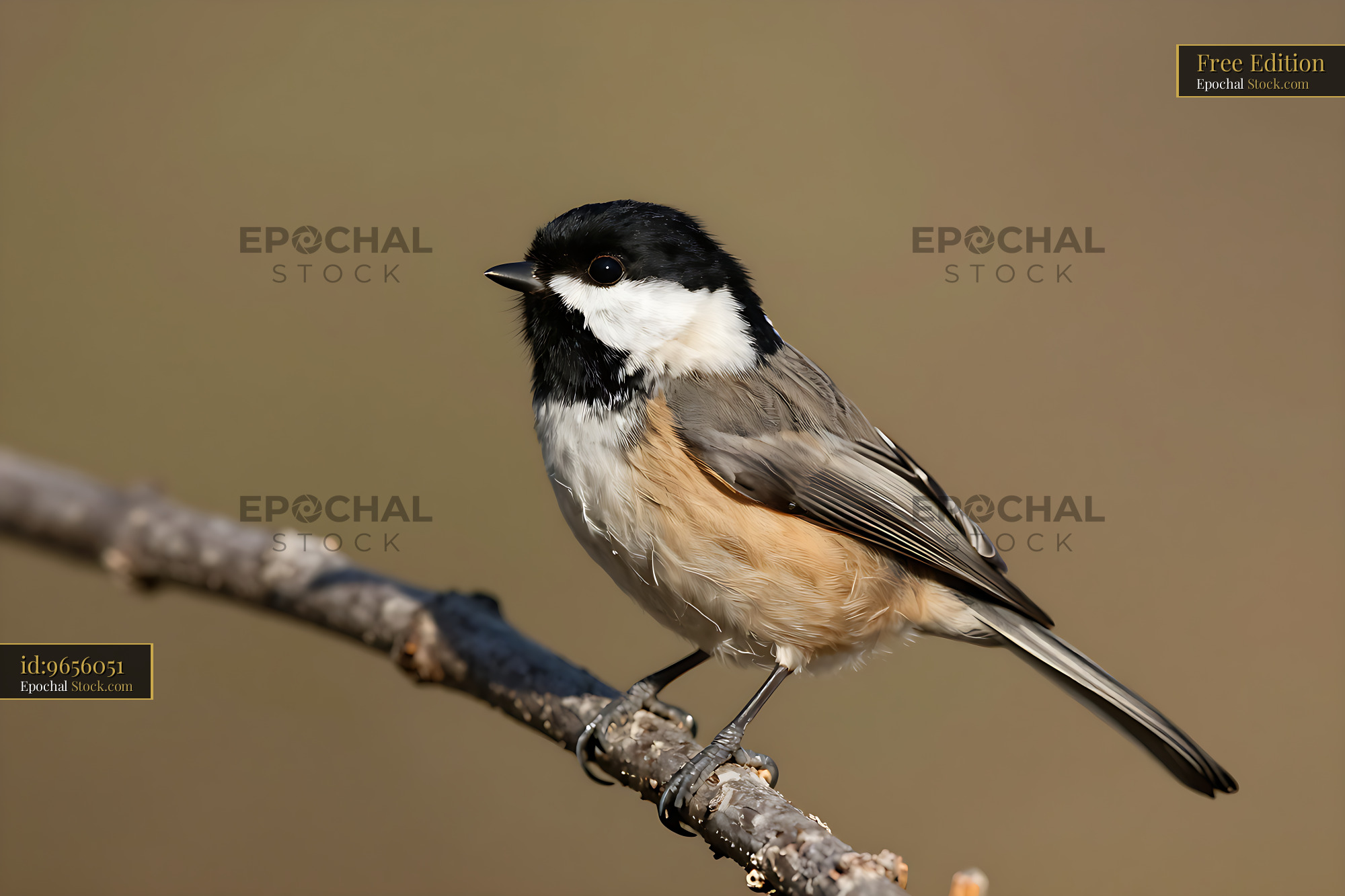 Black-capped chickadee perched on a tree branch in soft sunlight - stock photo