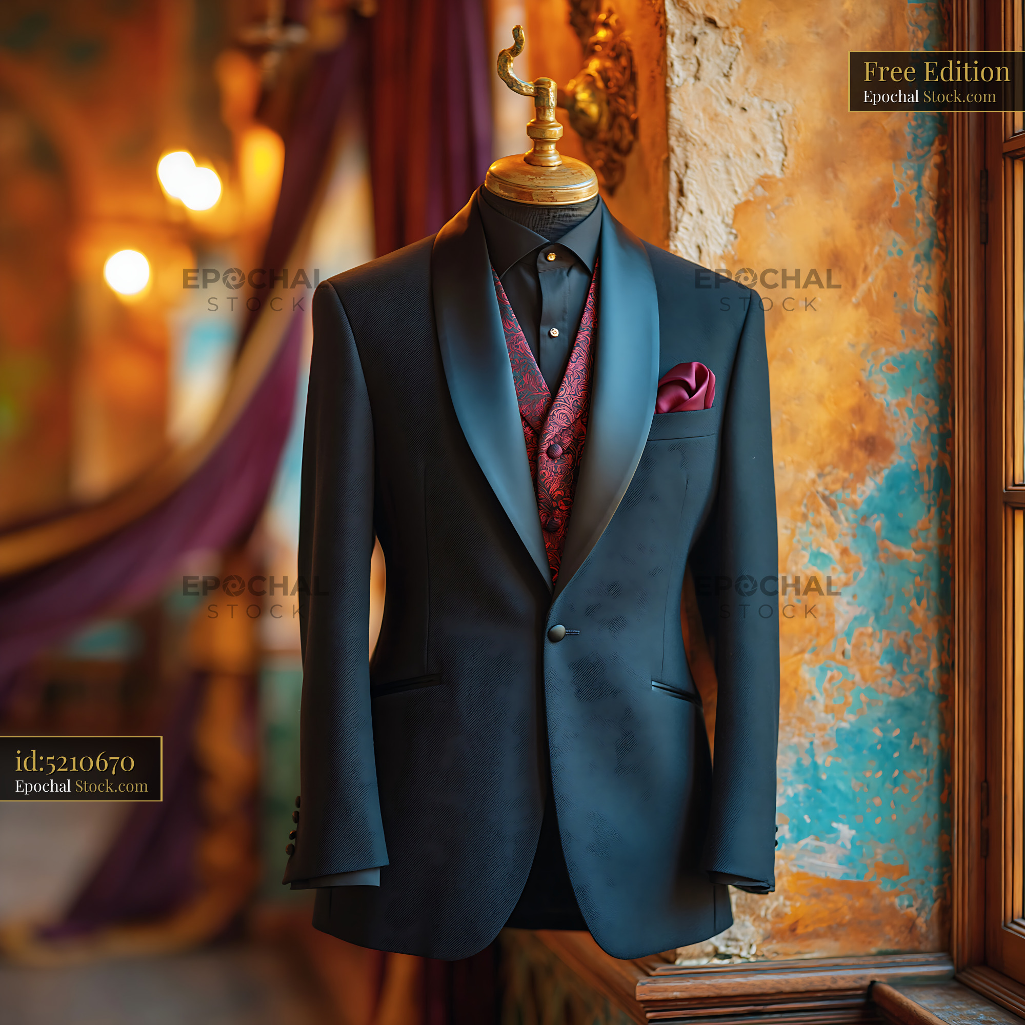 Elegant black tuxedo on a mannequin in a theatrical vintage setting - stock photo