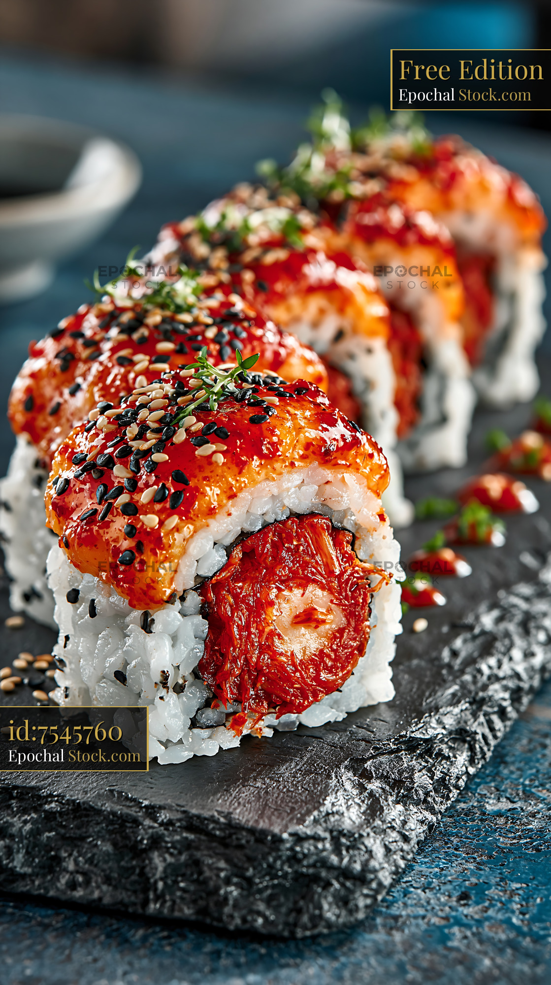 Fresh kimchi fusion maki sushi rolls topped with glazed fish and herbs - stock photo