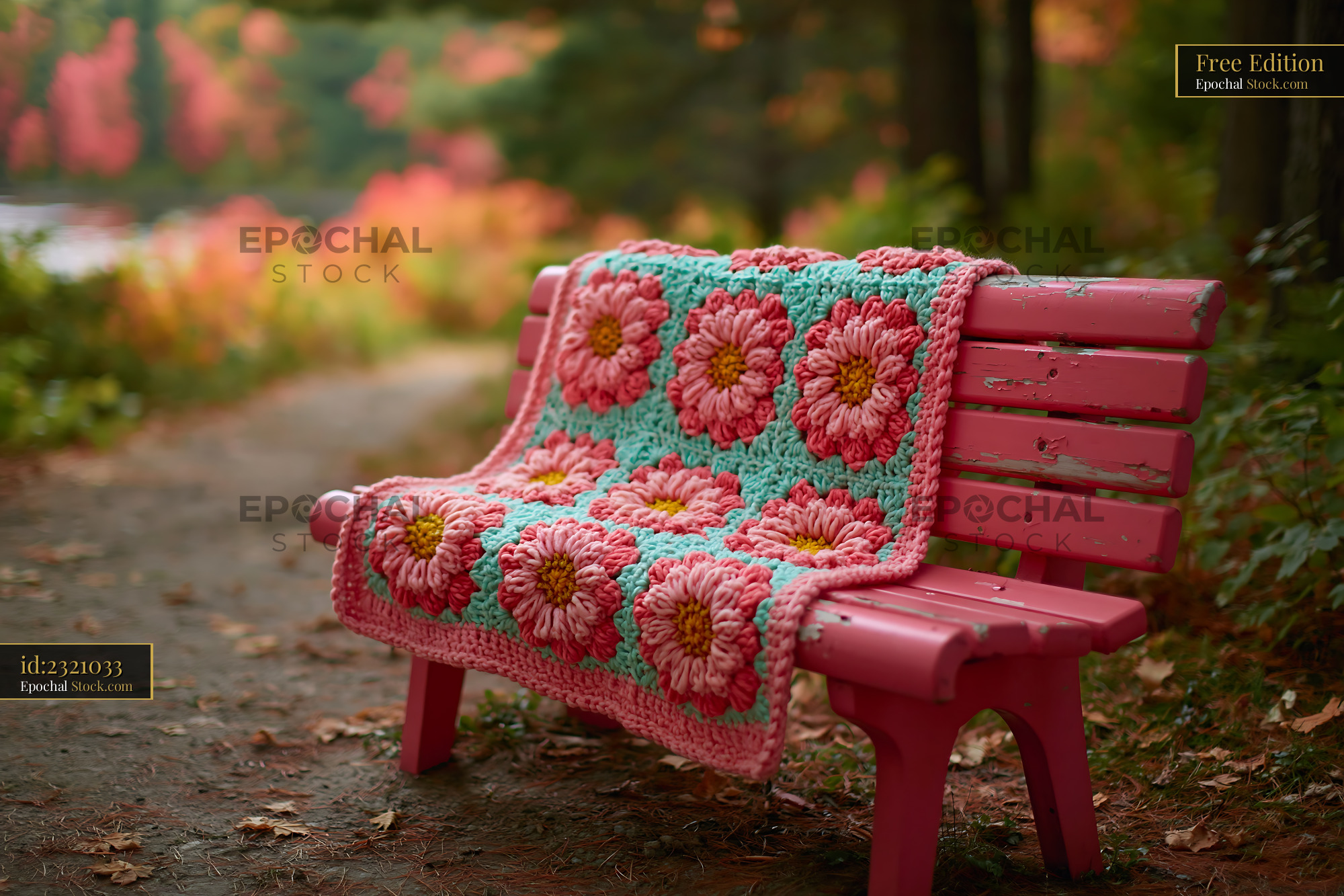 Handmade floral crochet throw on a pink wooden bench in autumn park - stock photo