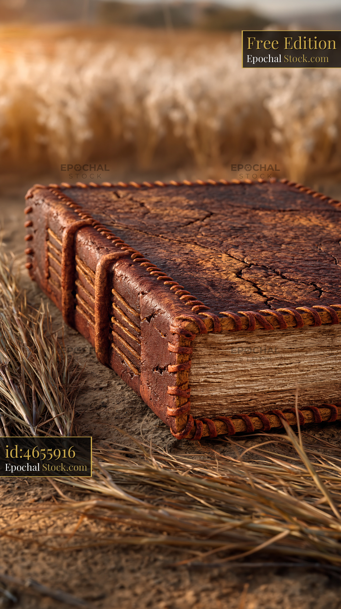 Vintage leather journal on a dry meadow floor in golden light - stock photo