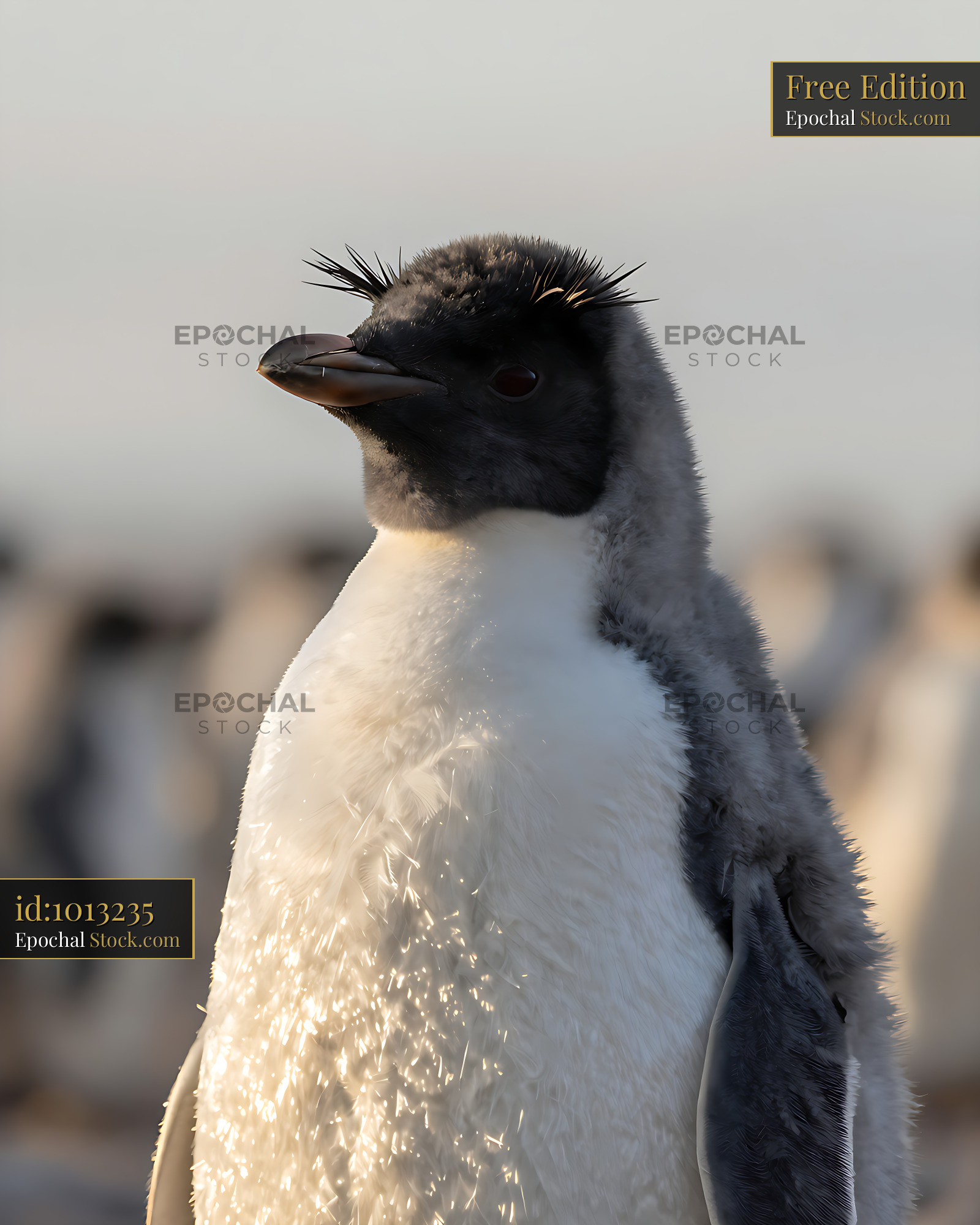 Rockhopper penguin standing proudly during golden hour in a colony - stock photo