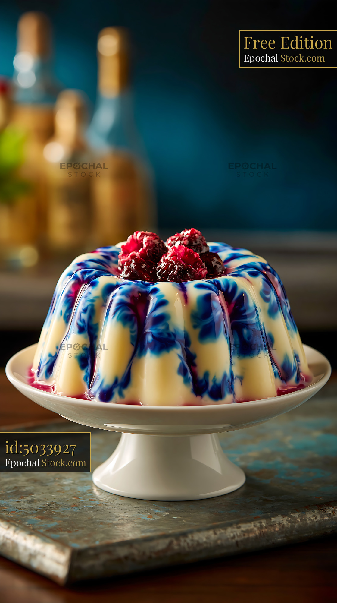 Elegant marble panna cotta with berry swirl and fresh raspberries - stock photo