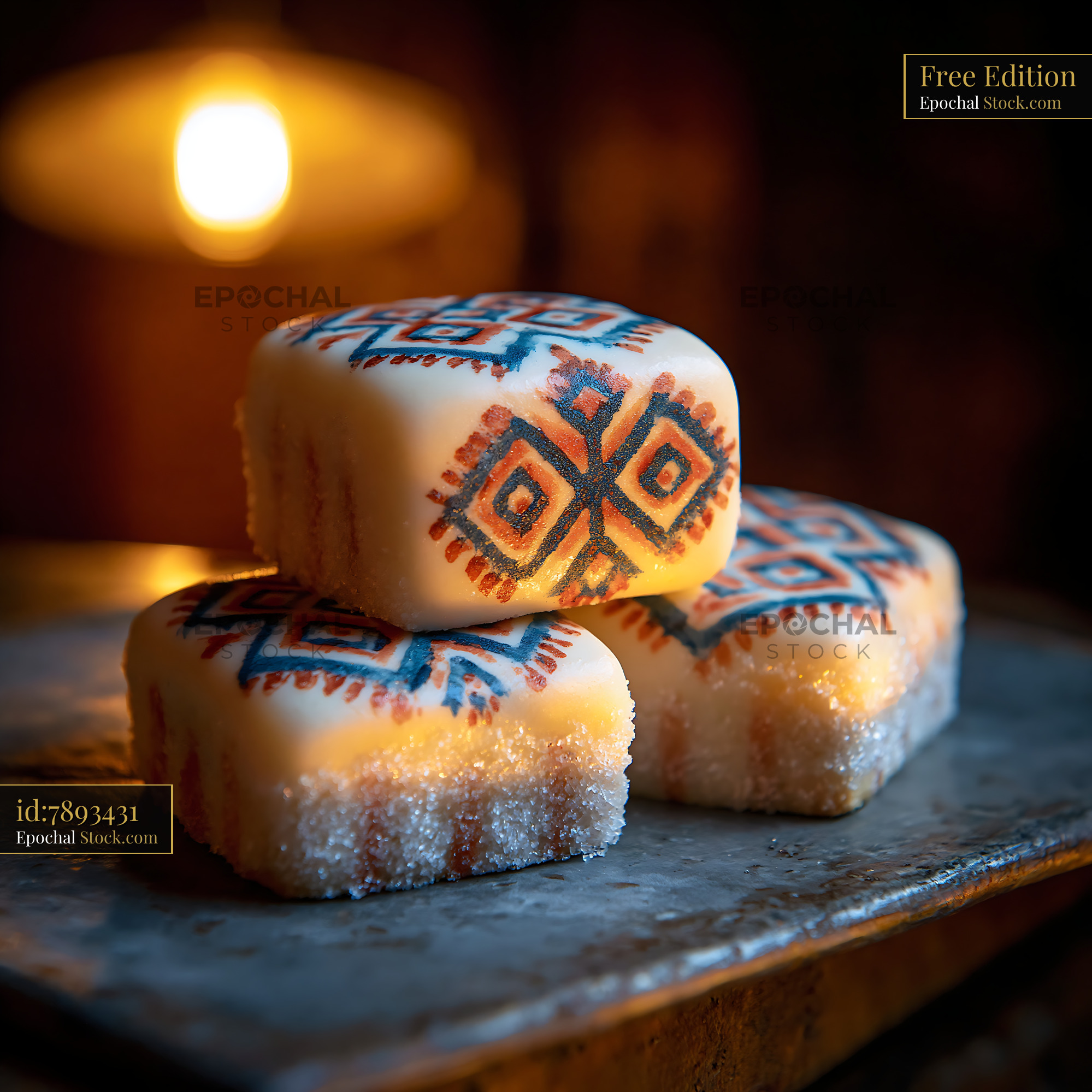 Artisanal cakes with traditional folk patterns in warm ambient light - stock photo