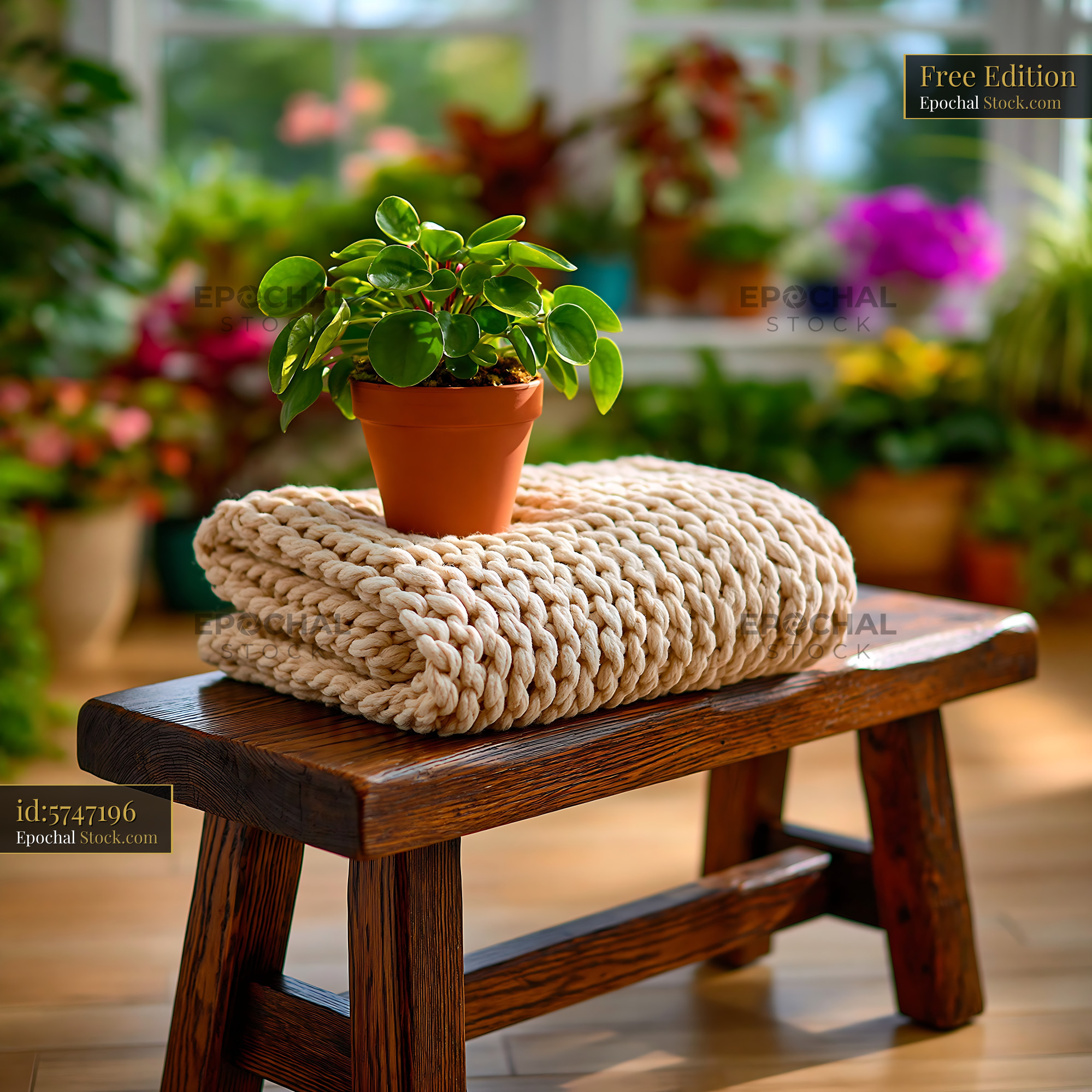 Small pilea plant on chunky knit blanket over a rustic wooden bench - stock photo