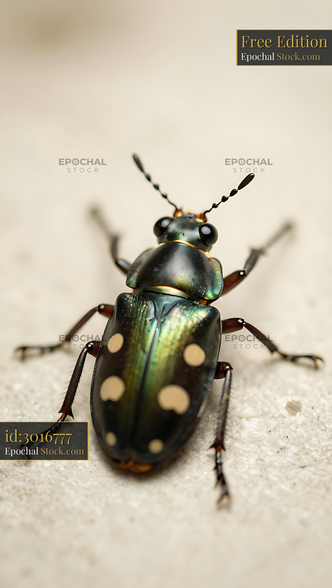 Six-spotted tiger beetle with metallic green shell on sandy ground - stock photo