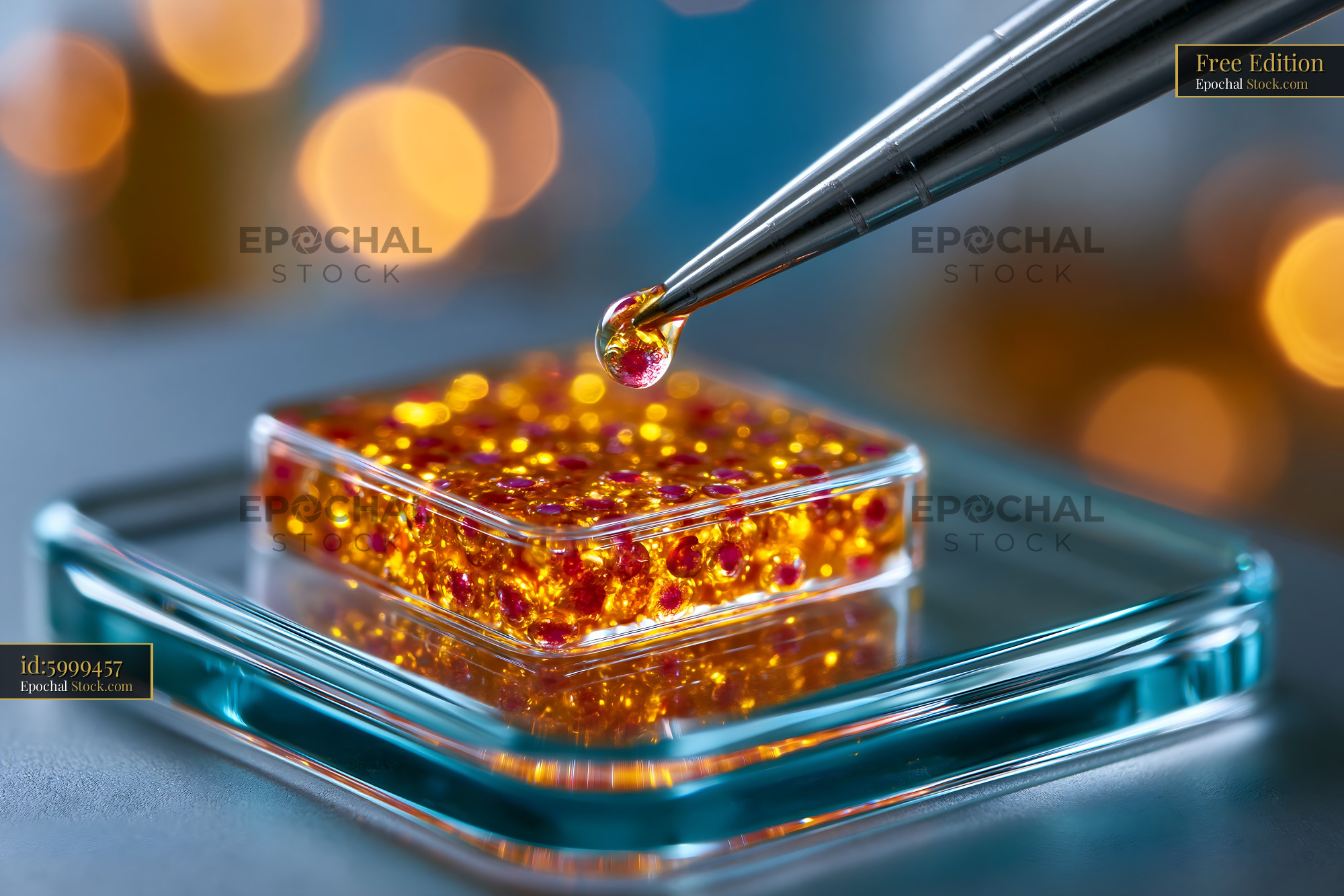 Pipette dropping liquid into expansion microscopy dna linkage assay - stock photo