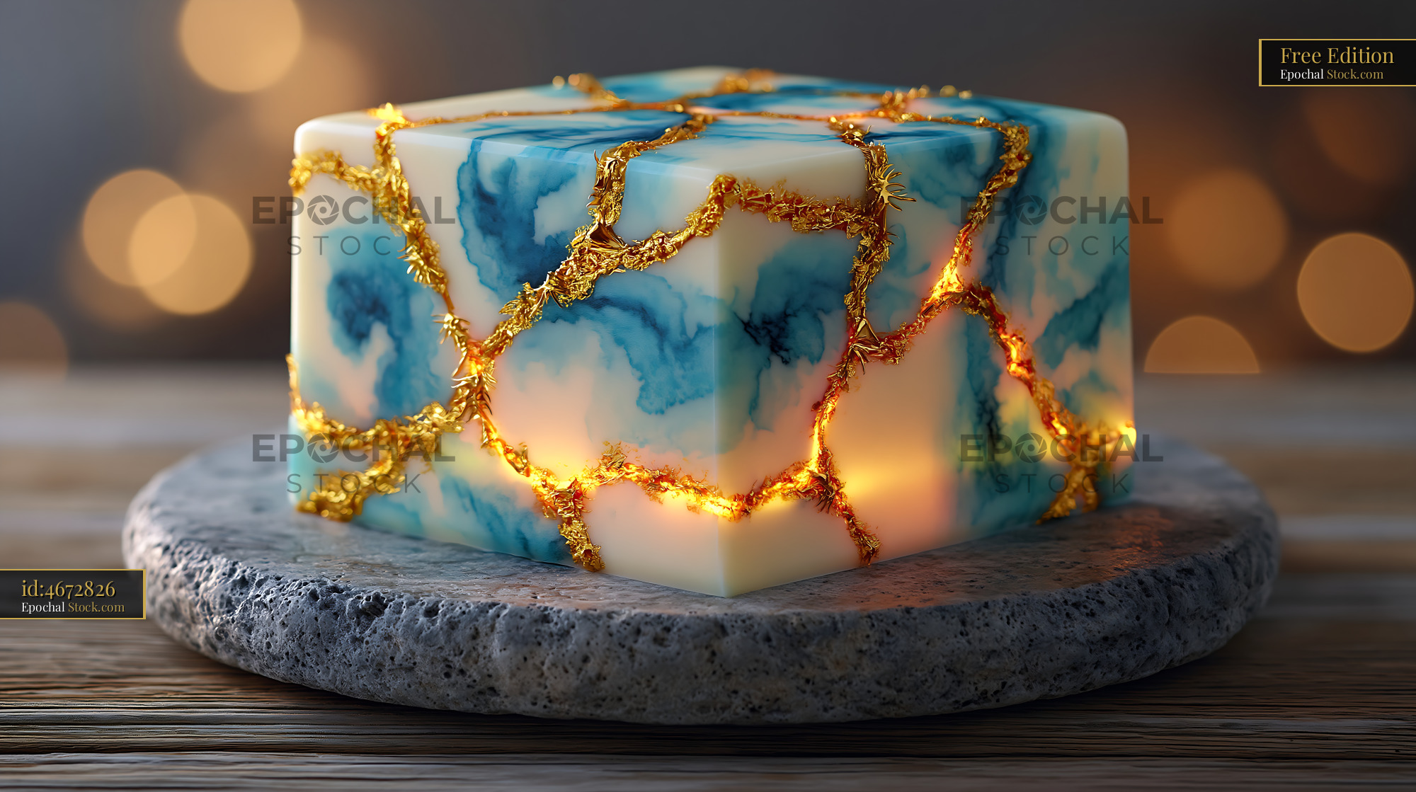 Square marble block with glowing gold kintsugi cracks on stone - stock photo