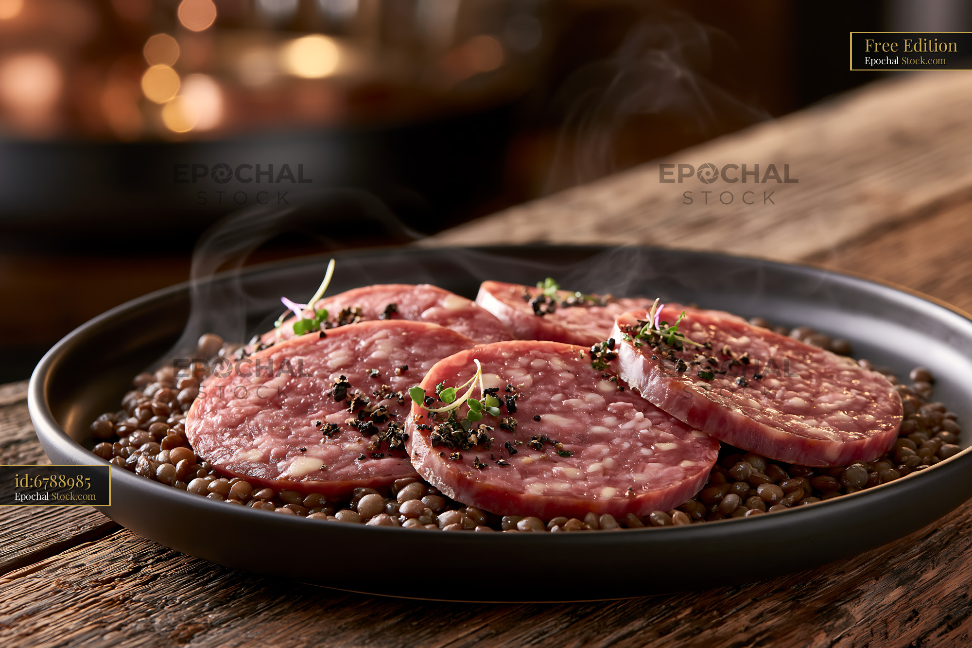 Slices of steaming cotechino modena meat served on a bed of lentils - stock photo