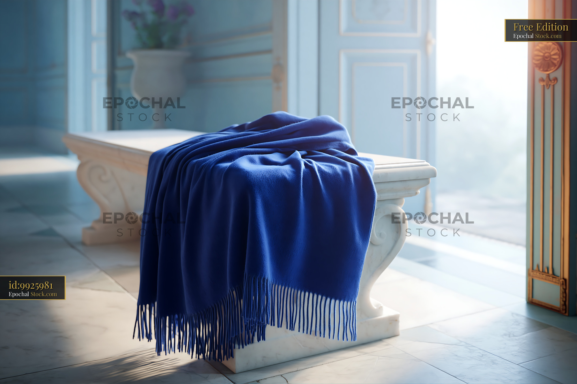 Blue cashmere throw on marble bench in elegant sunlit hall - stock photo