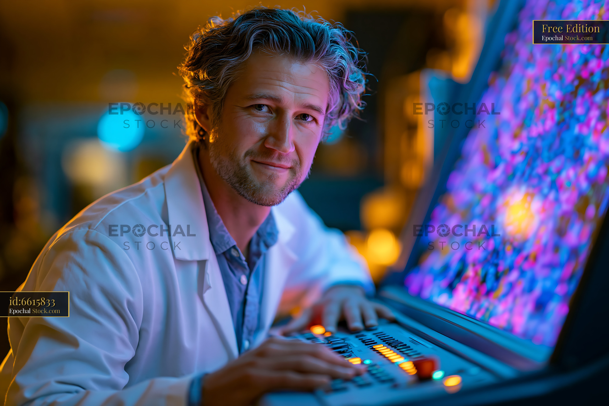 Male scientist operating advanced cathodoluminescence imaging system - stock photo