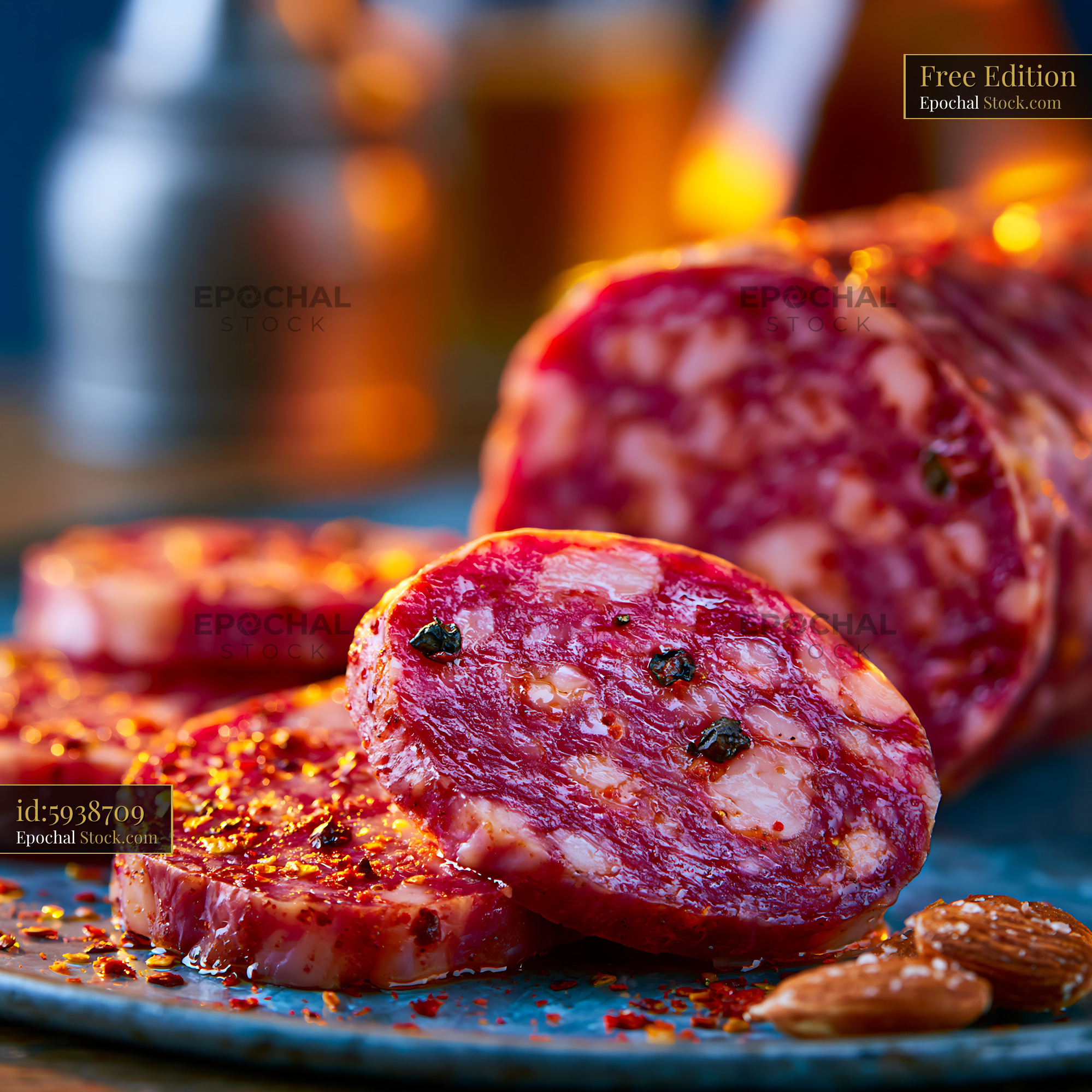 Slices of spicy soppressata di calabria meat with chili and almonds - stock photo