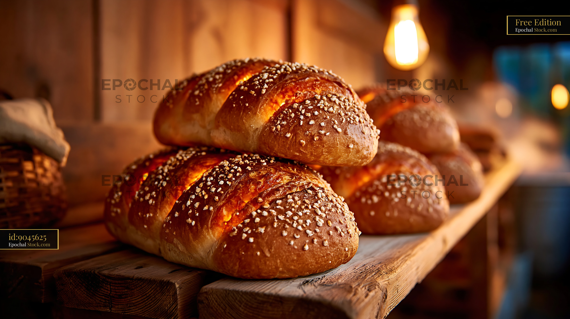 Freshly baked dutch crunch german bread on a rustic wooden shelf - stock photo