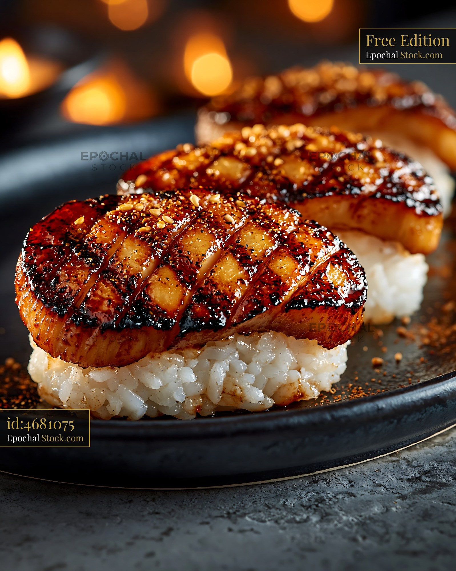 King oyster mushroom sushi nigiri with glazed seared topping - stock photo