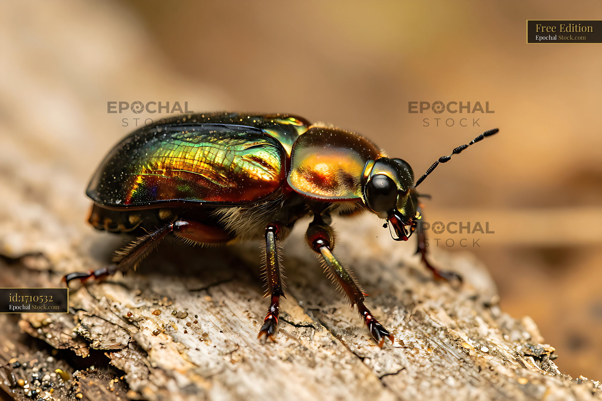 Buprestis splendens jewel beetle with iridescent shell on wood bark - stock photo