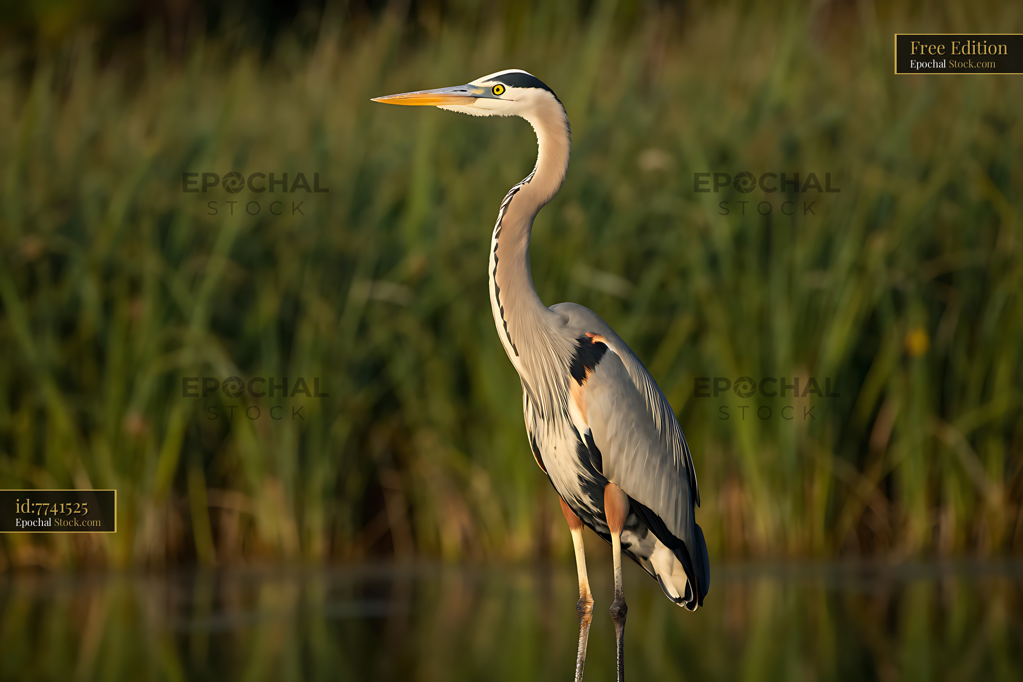 Great blue heron standing in a tranquil marsh at golden hour - stock photo