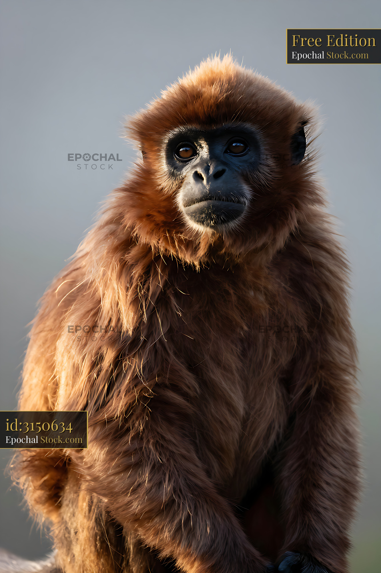 Woolly monkey with thick reddish fur looking into the distance - stock photo
