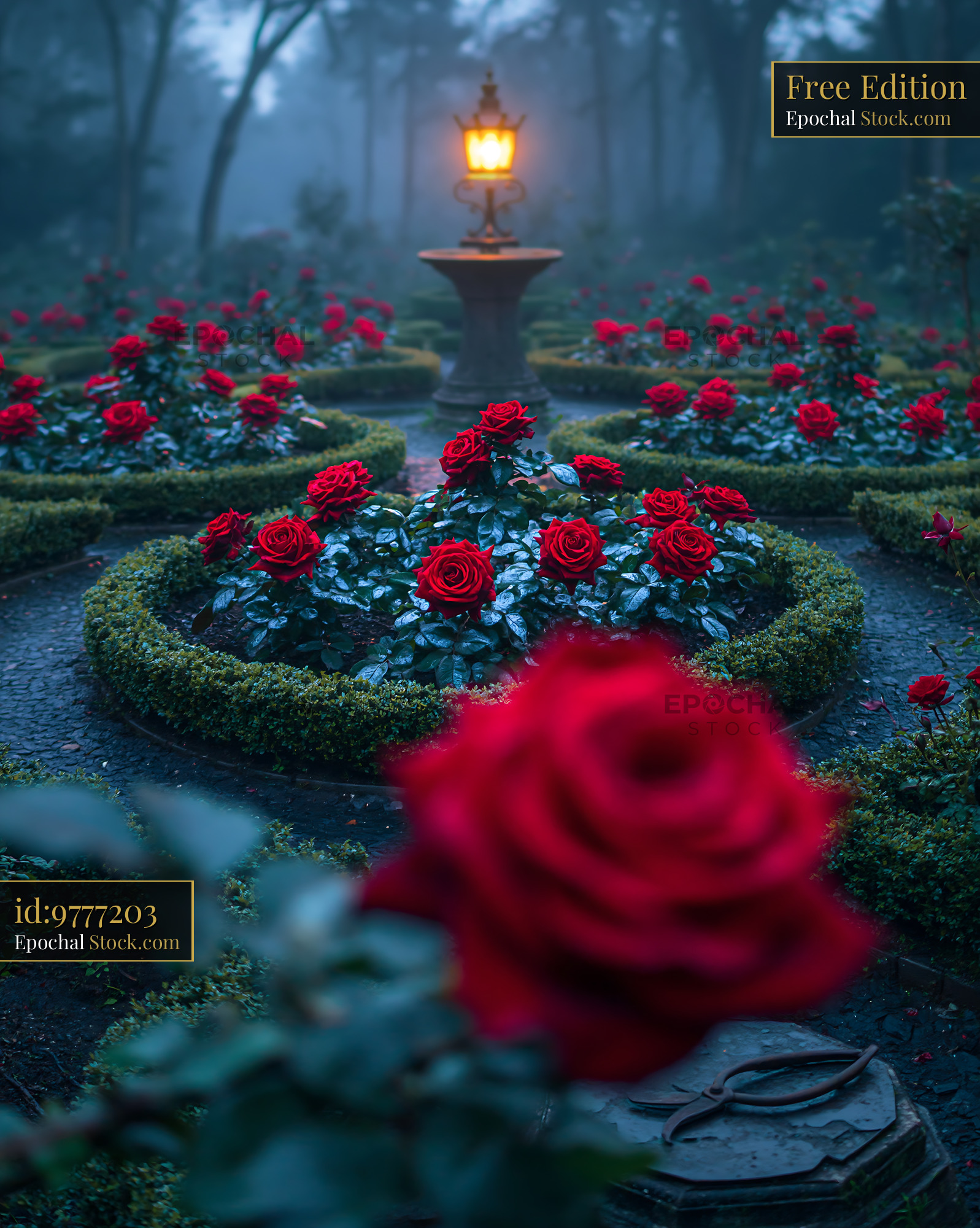 Red rose bushes in a formal garden under morning mist with lantern lig - stock photo
