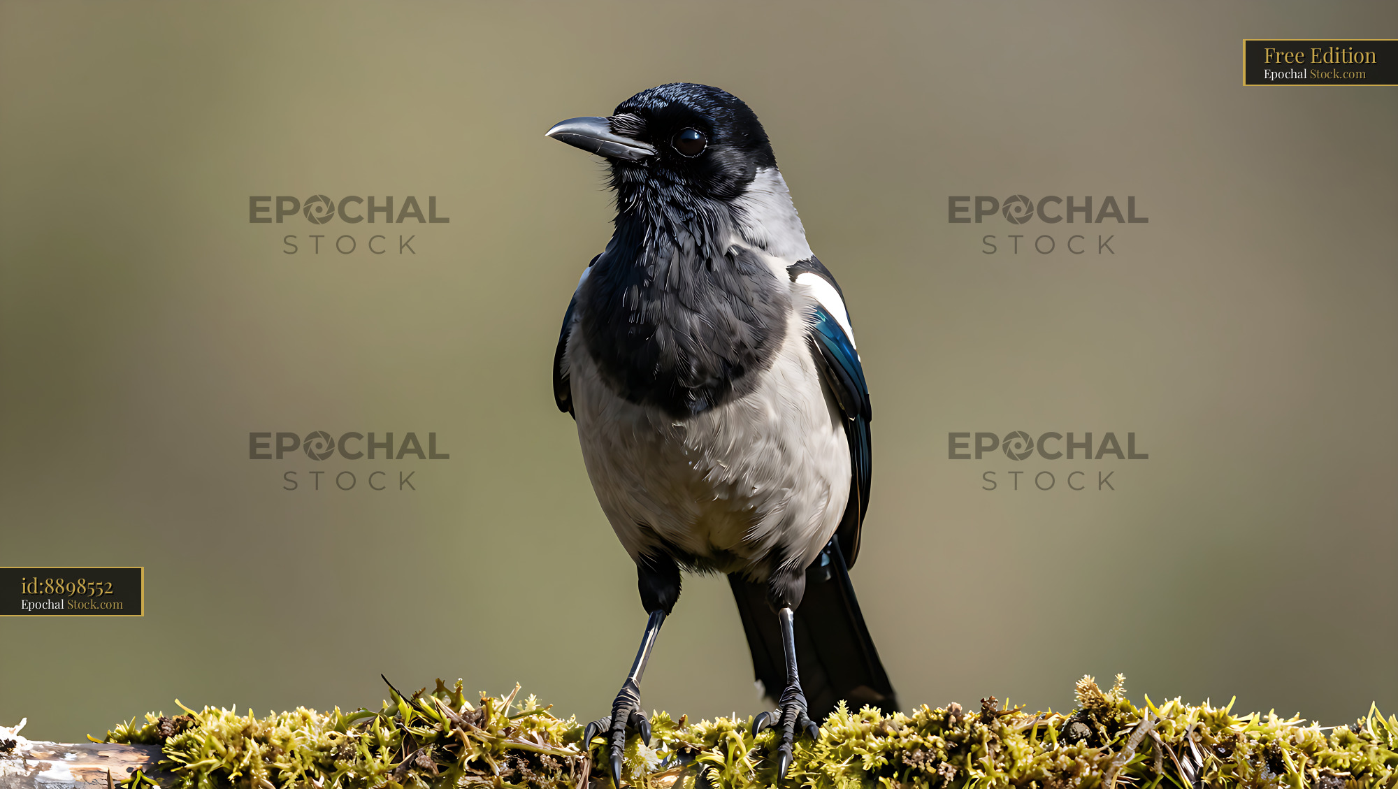 Eurasian magpie perched on a mossy branch in nature - stock photo