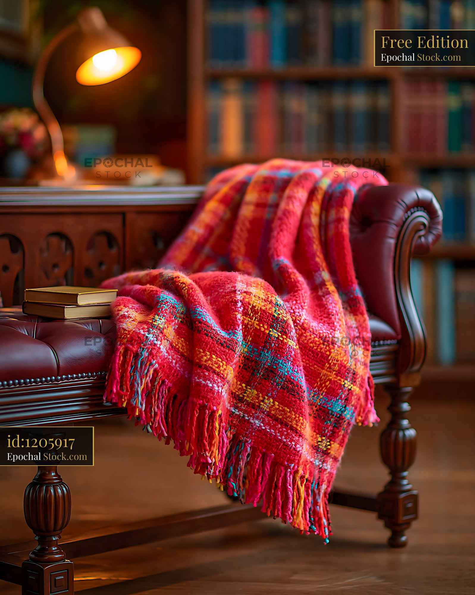 Colorful cashmere throw on leather bench in a cozy home library