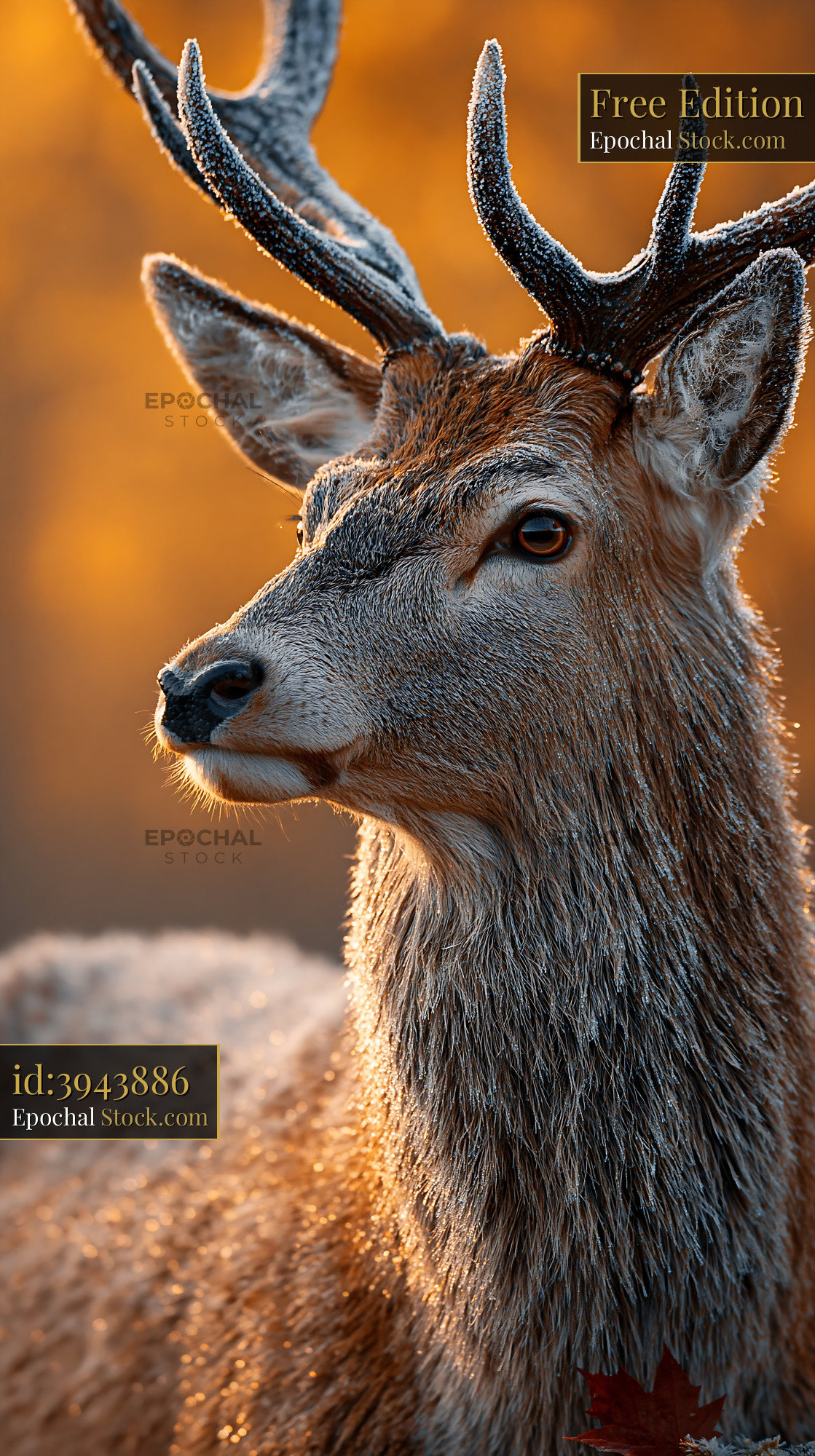 Majestic stag with frosted antlers at sunrise in autumn woods