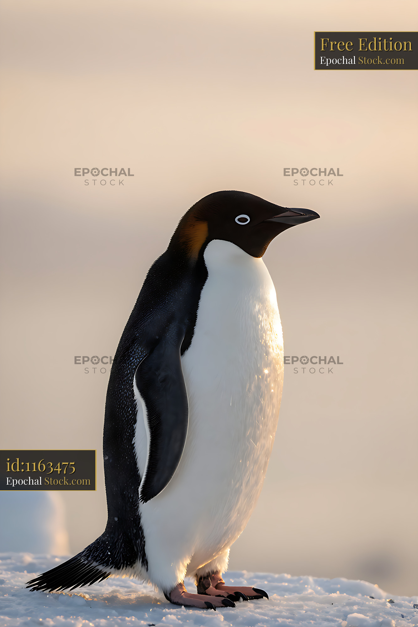 Adelie penguin standing on snow during golden hour in Antarctica - stock photo
