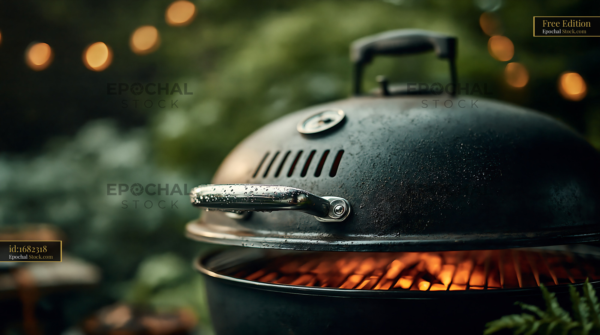 Black kettle grill with glowing coals in a garden at sunset - stock photo