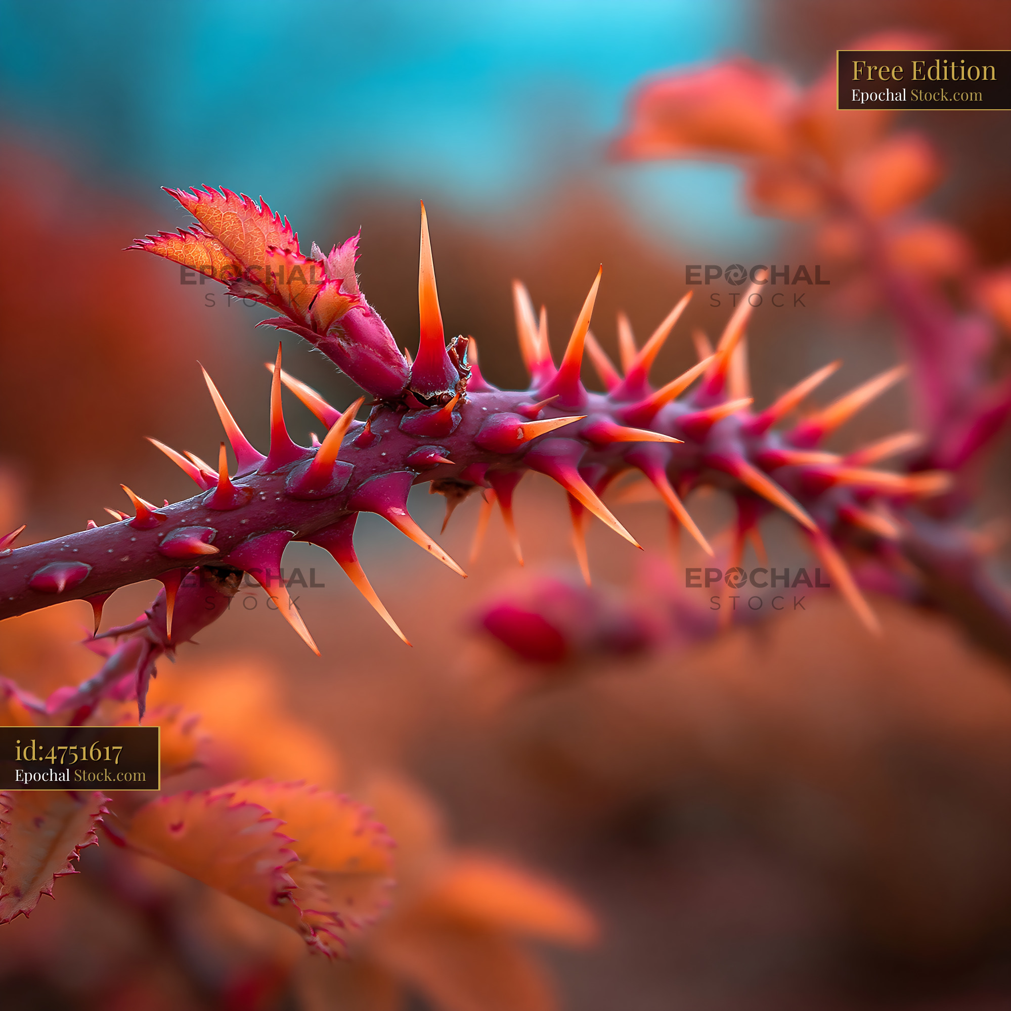 Macro view of sharp thorns on a vibrant rose branch in autumn - stock photo