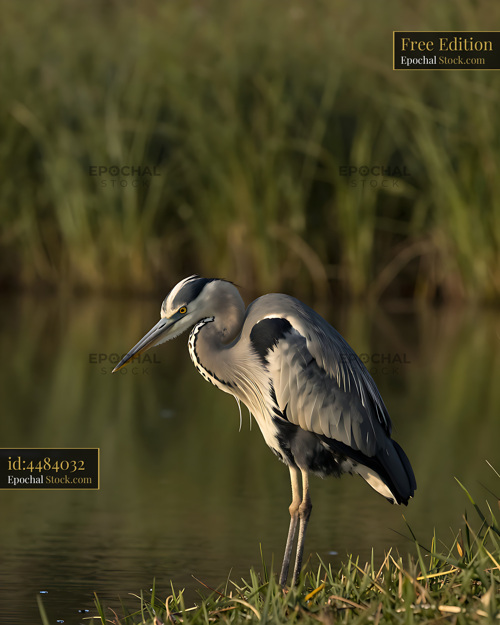 Grey heron standing at the water edge during golden hour - stock photo