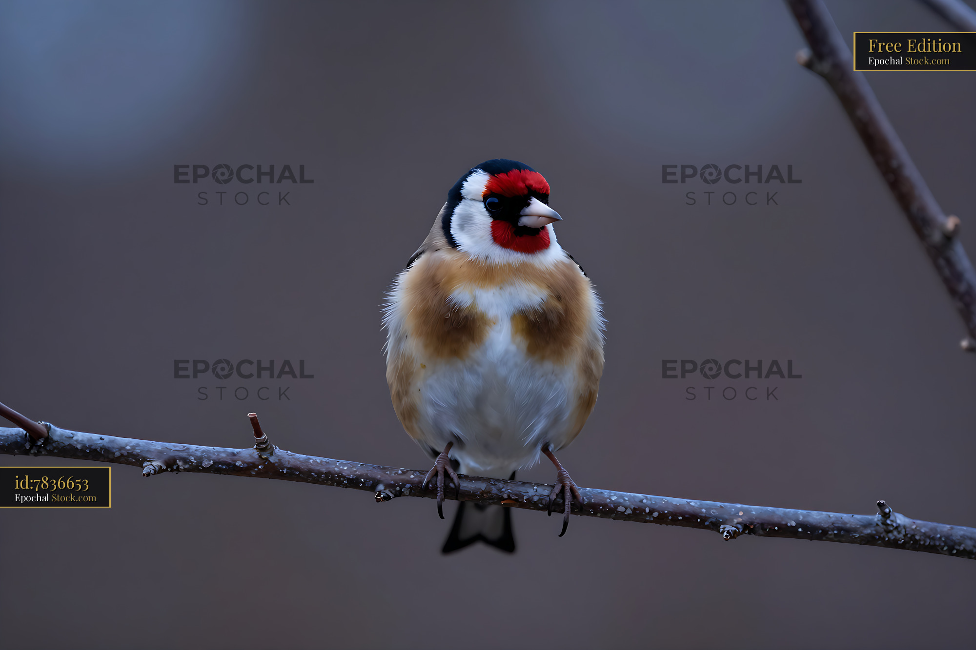 European goldfinch perched on a bare branch against dark background - stock photo