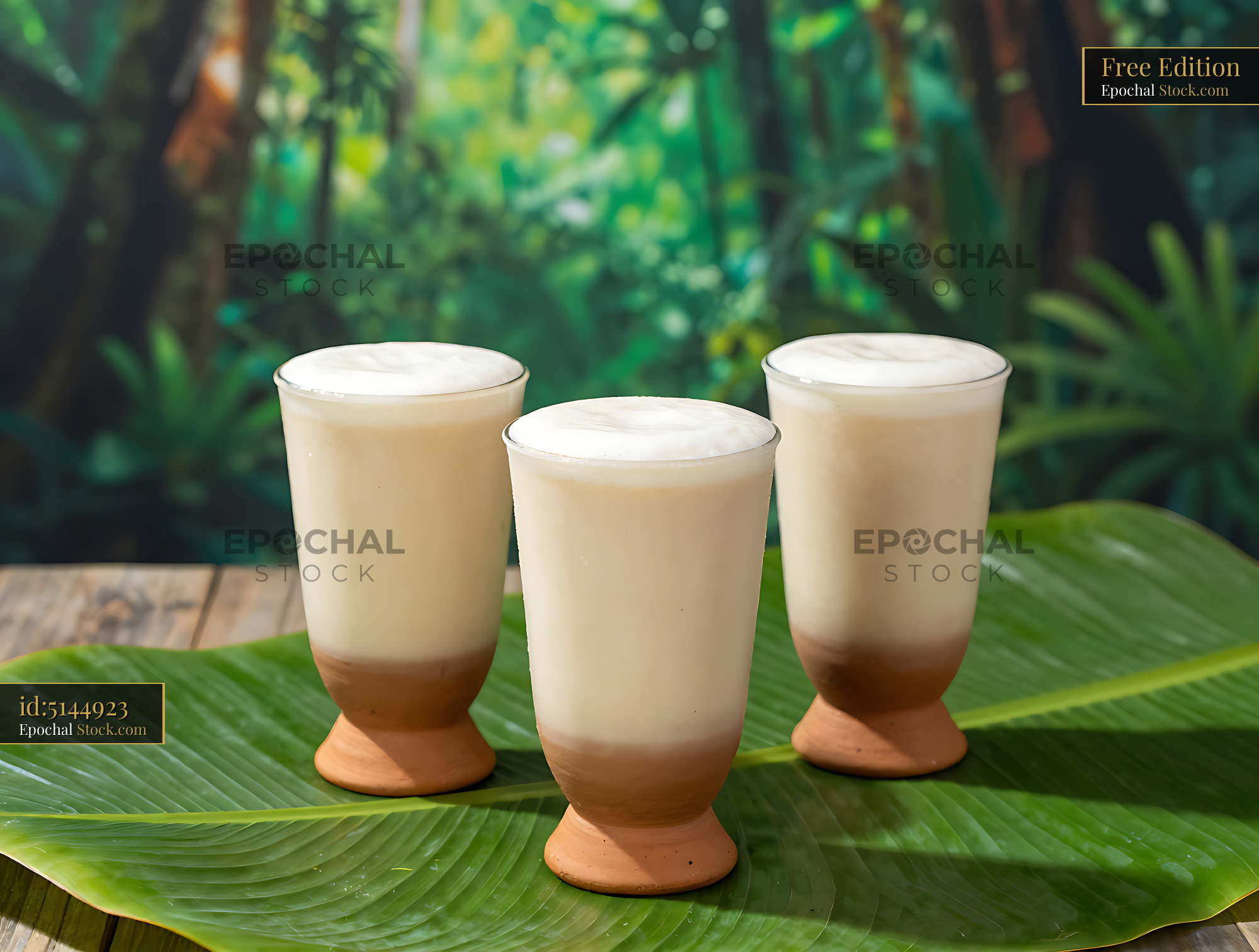 Three glasses of cupuacu cream smoothie on a banana leaf in the jungle - stock photo