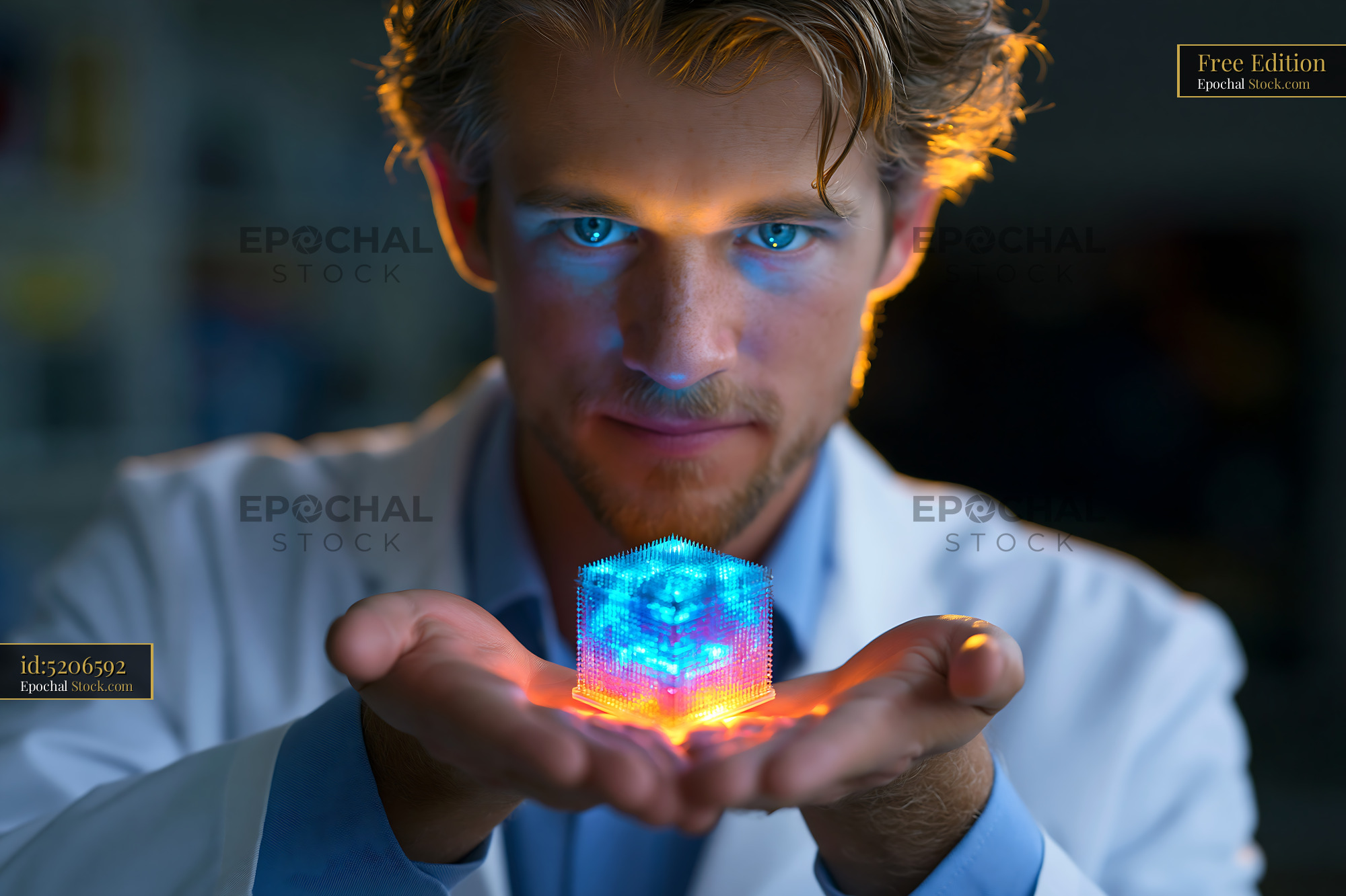 Scientist holding a glowing high density cmos multielectrode array - stock photo