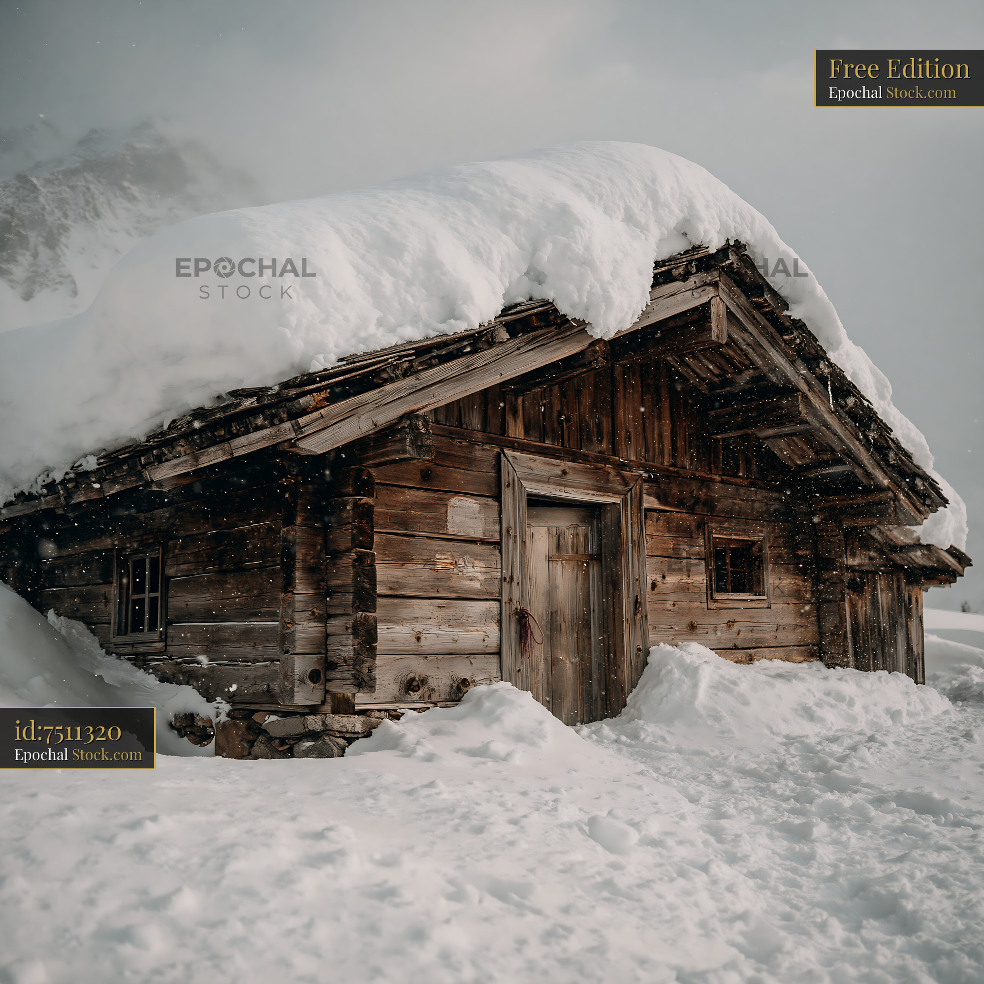 Snow covered empty cabin in the remote winter mountains - stock photo