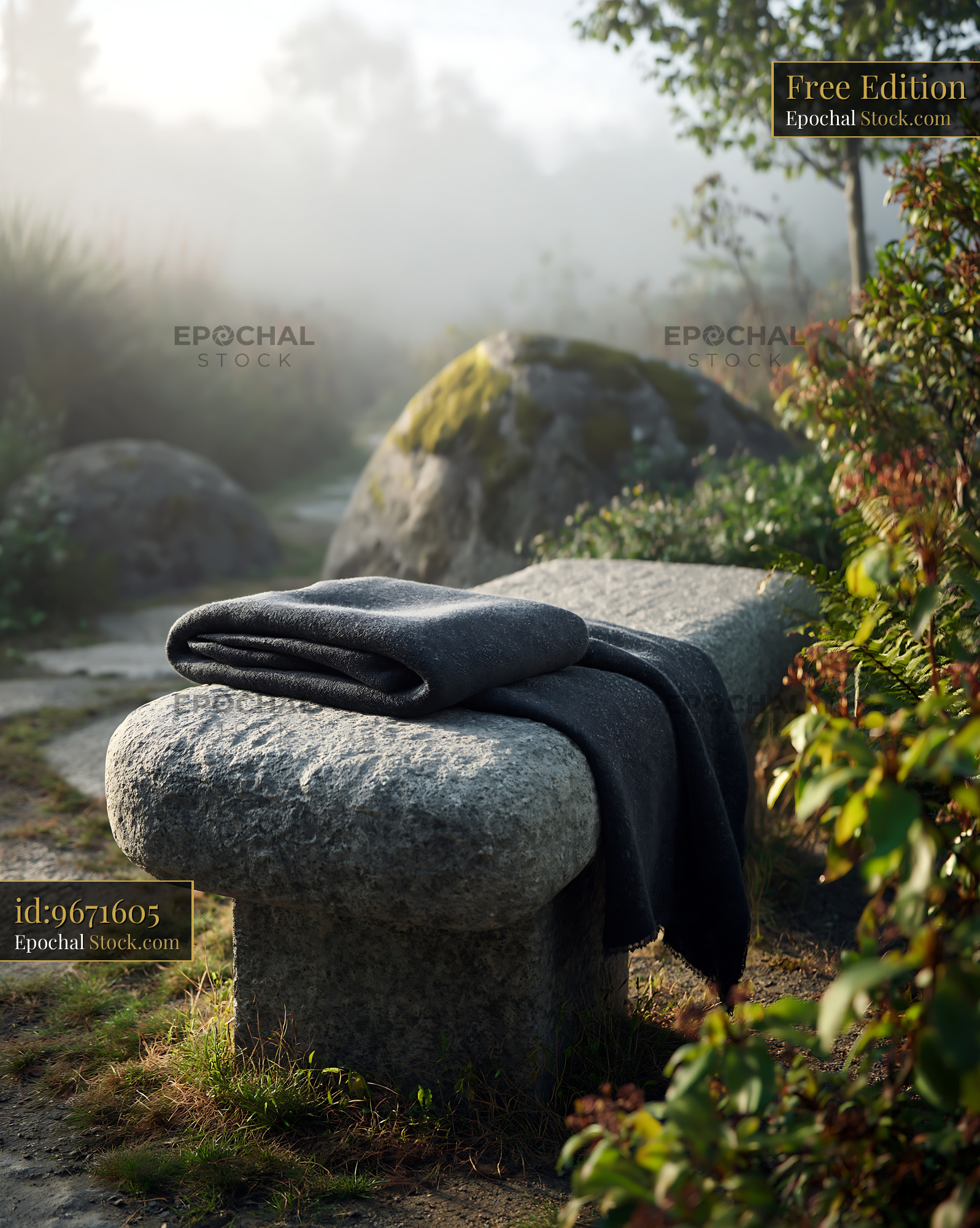 Stone bench with folded dark blanket in misty morning garden - stock photo