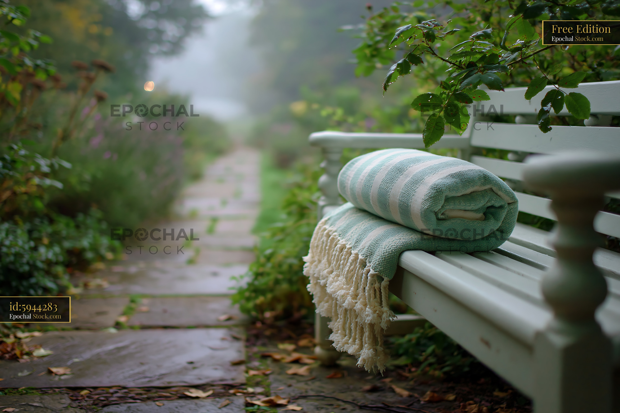 Striped throw on white wooden bench in a misty garden path - stock photo