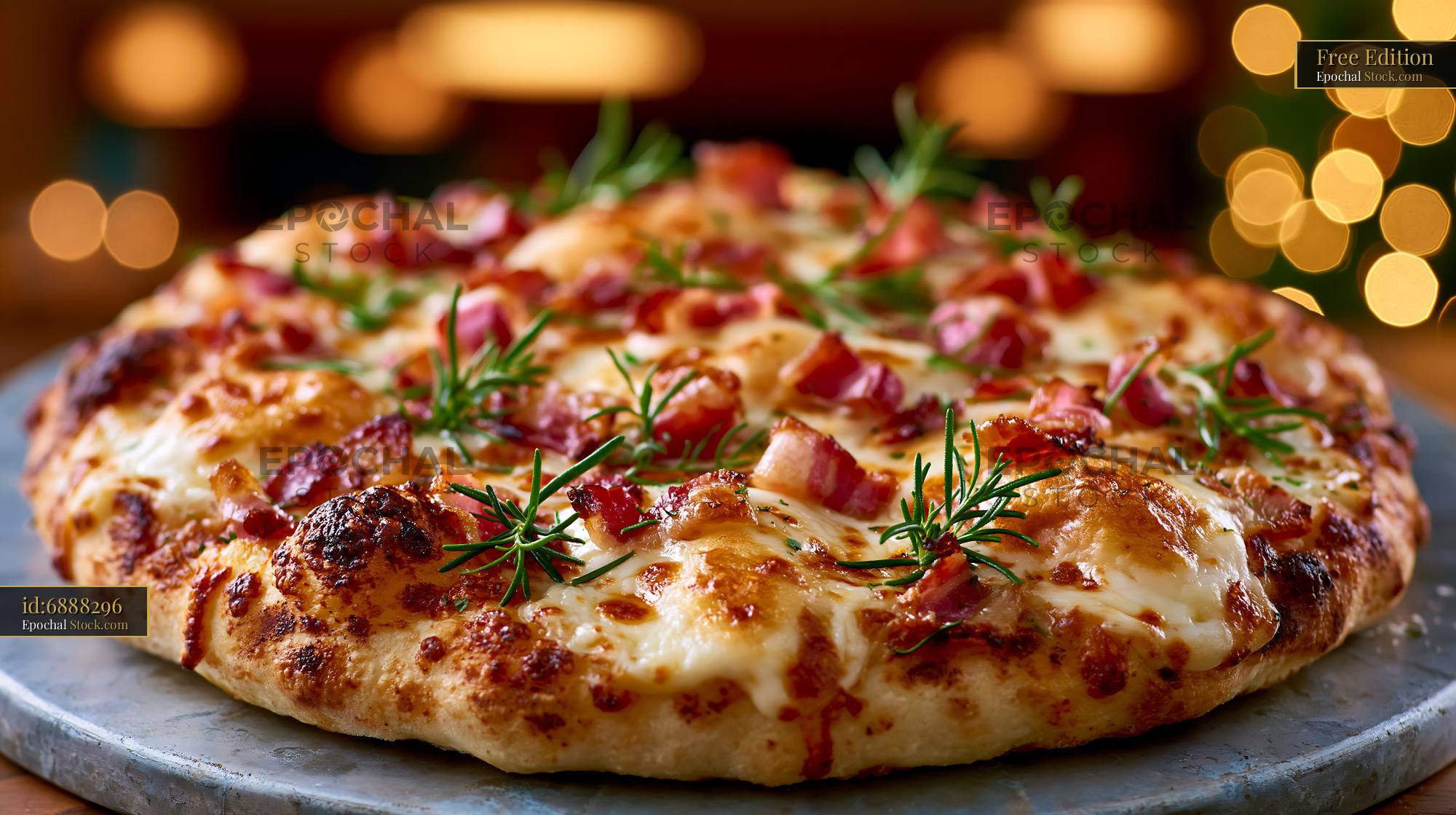 Gourmet scamorza affumicata pizza with crispy bacon and fresh rosemary - stock photo