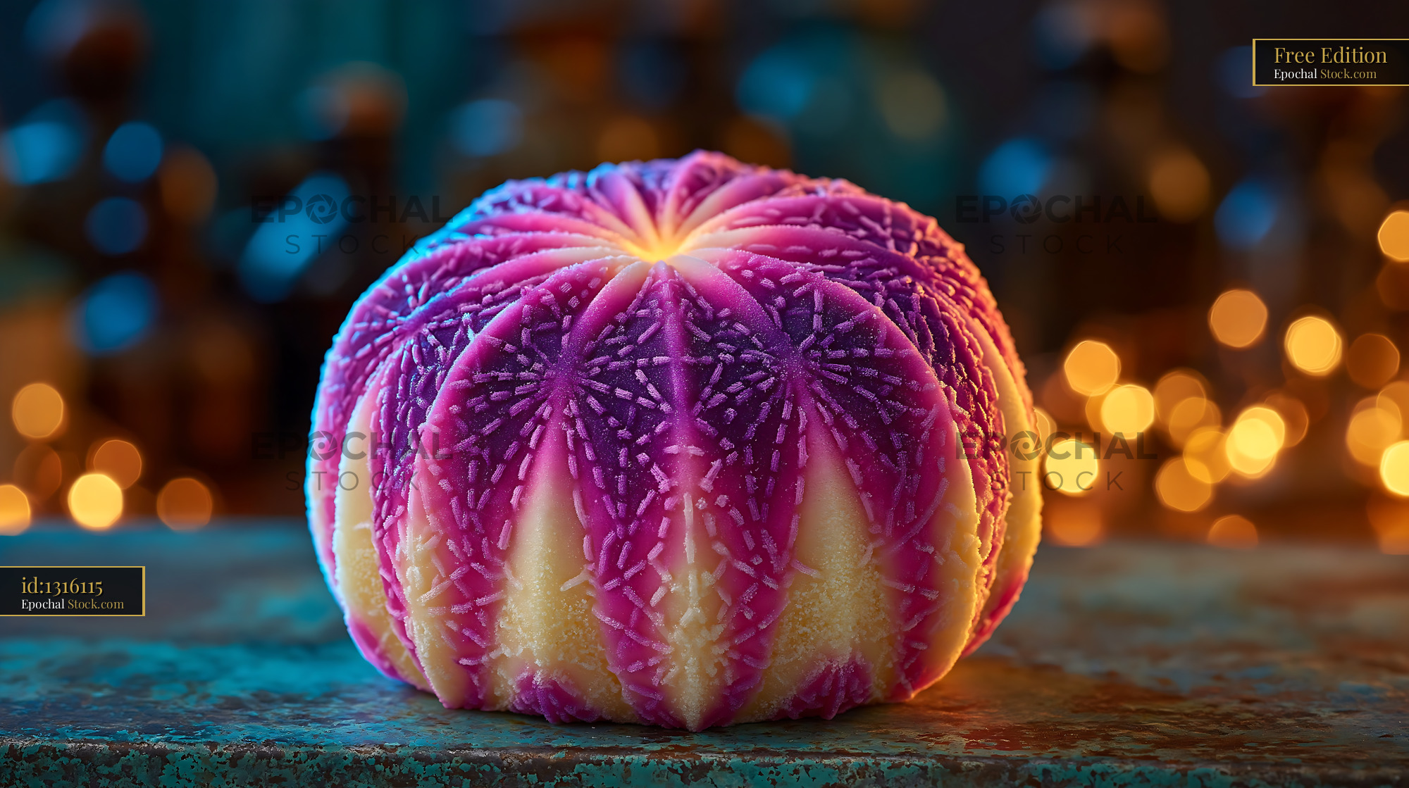 Artisanal purple wagashi dessert on rustic surface with bokeh lights - stock photo