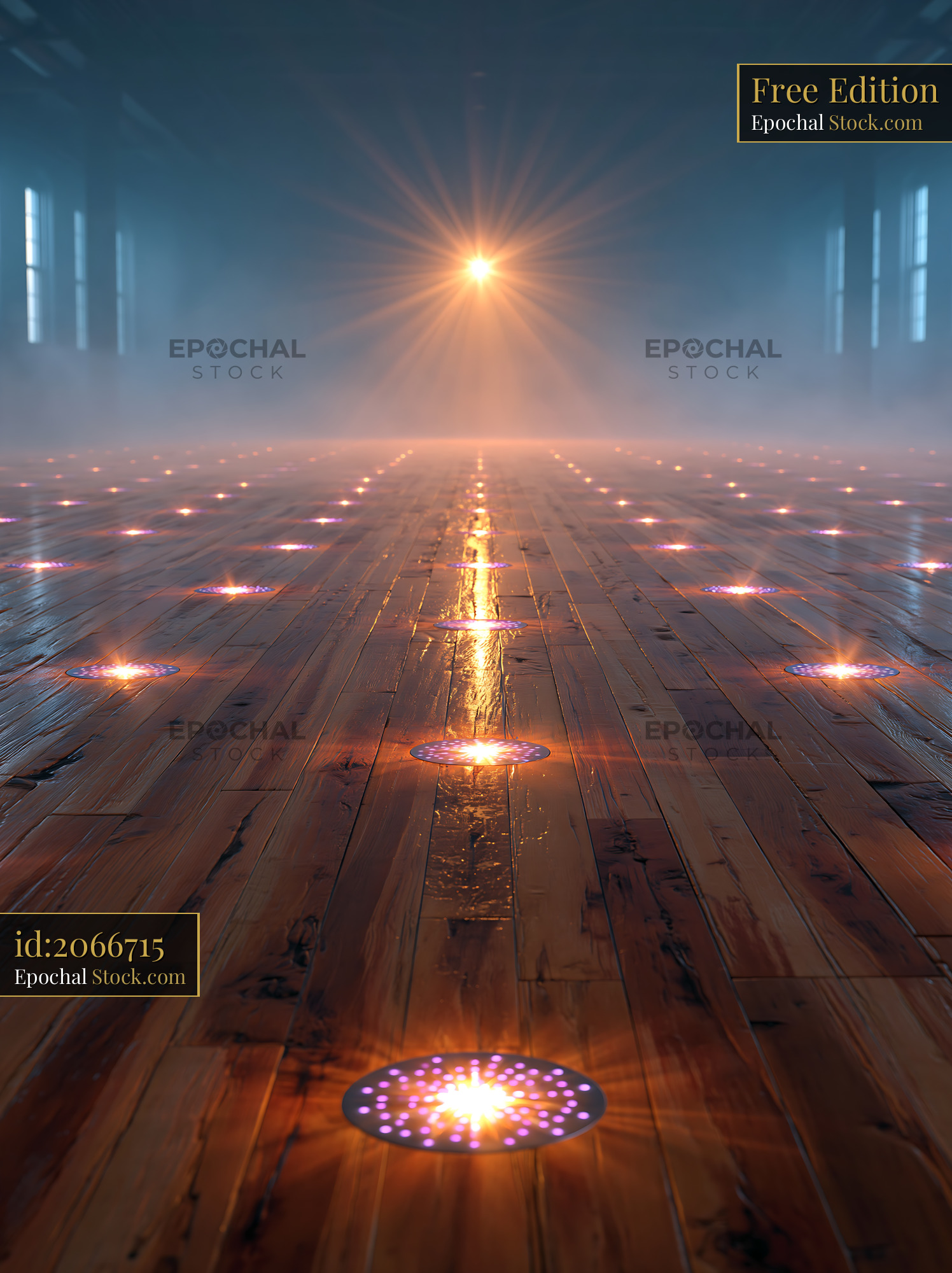 Sparkling floor lights on wooden floor in misty gala event hall - stock photo