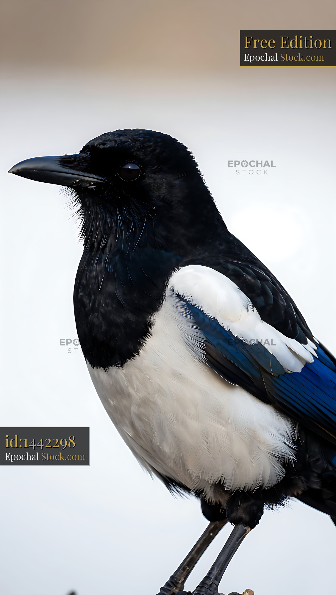 Eurasian magpie in profile showing iridescent blue feathers - stock photo