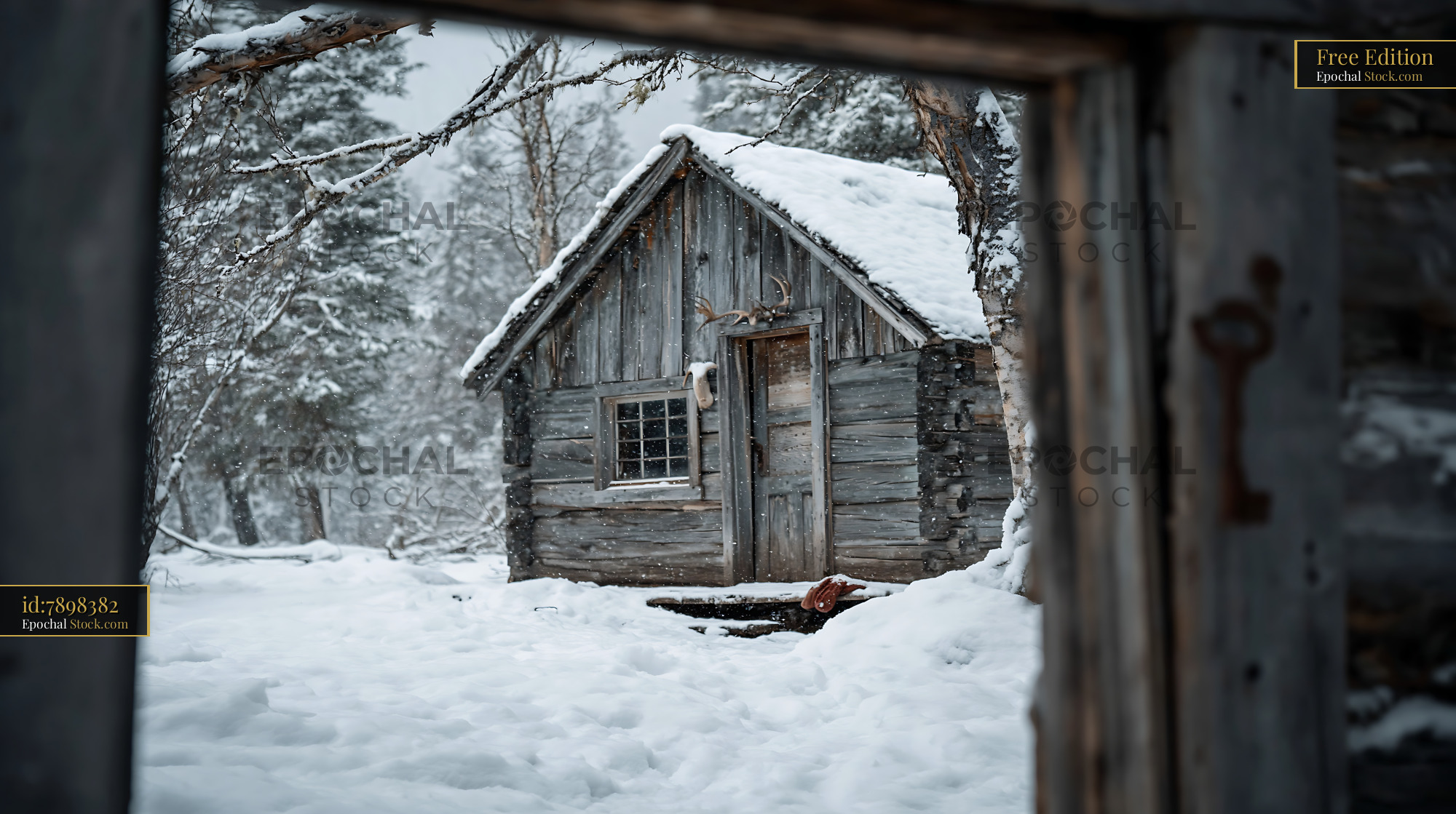 Old log cabin nestled in a snowy forest during winter snowfall - stock photo