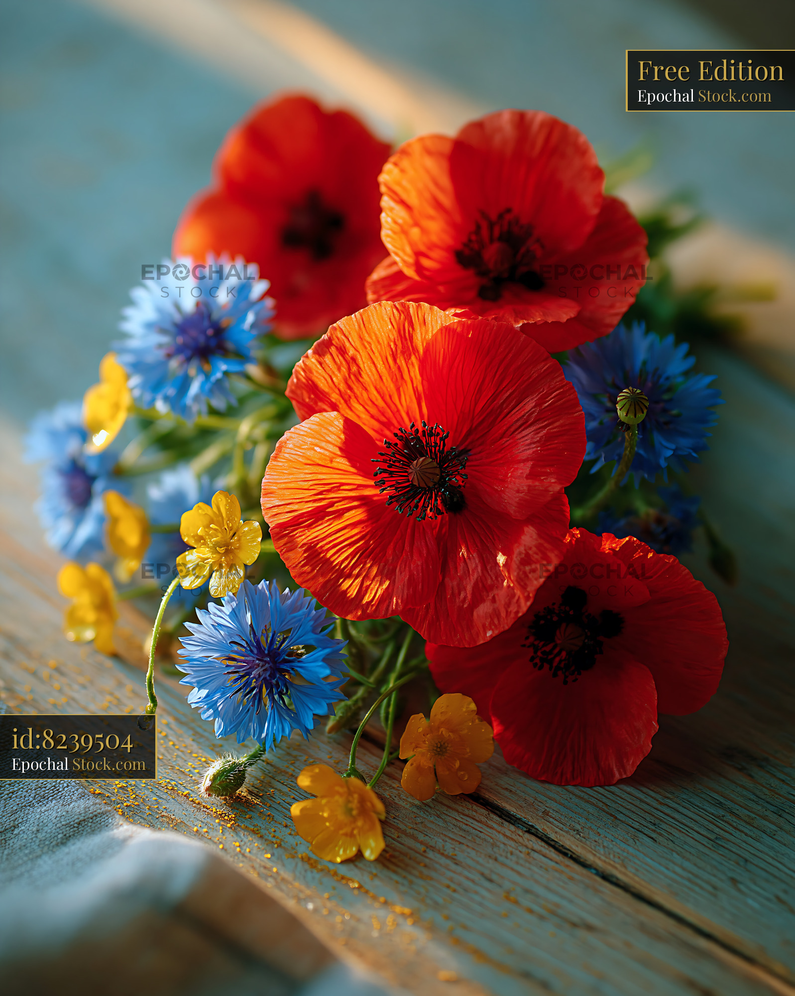Red poppies and blue cornflowers on a rustic wooden table in sunlight