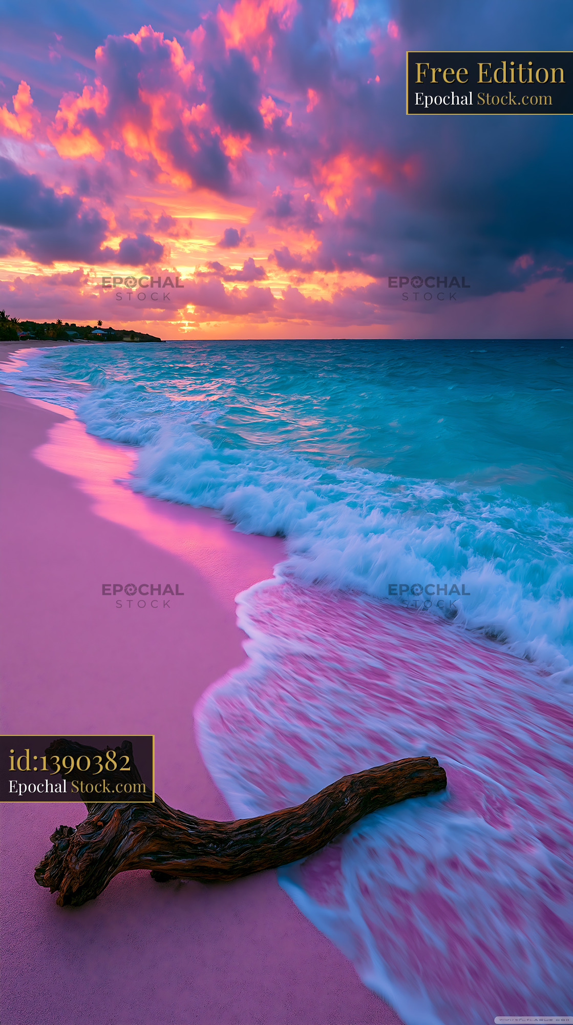 Pink sand beach with driftwood at sunset under a colorful sky - stock photo