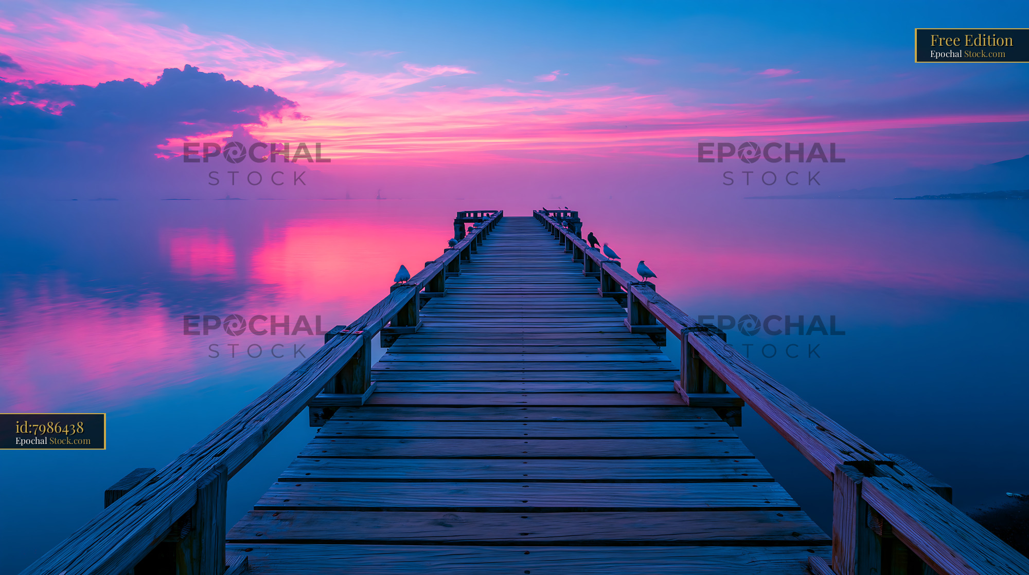 Wooden pier stretching into a vibrant pink sunset over calm water - stock photo