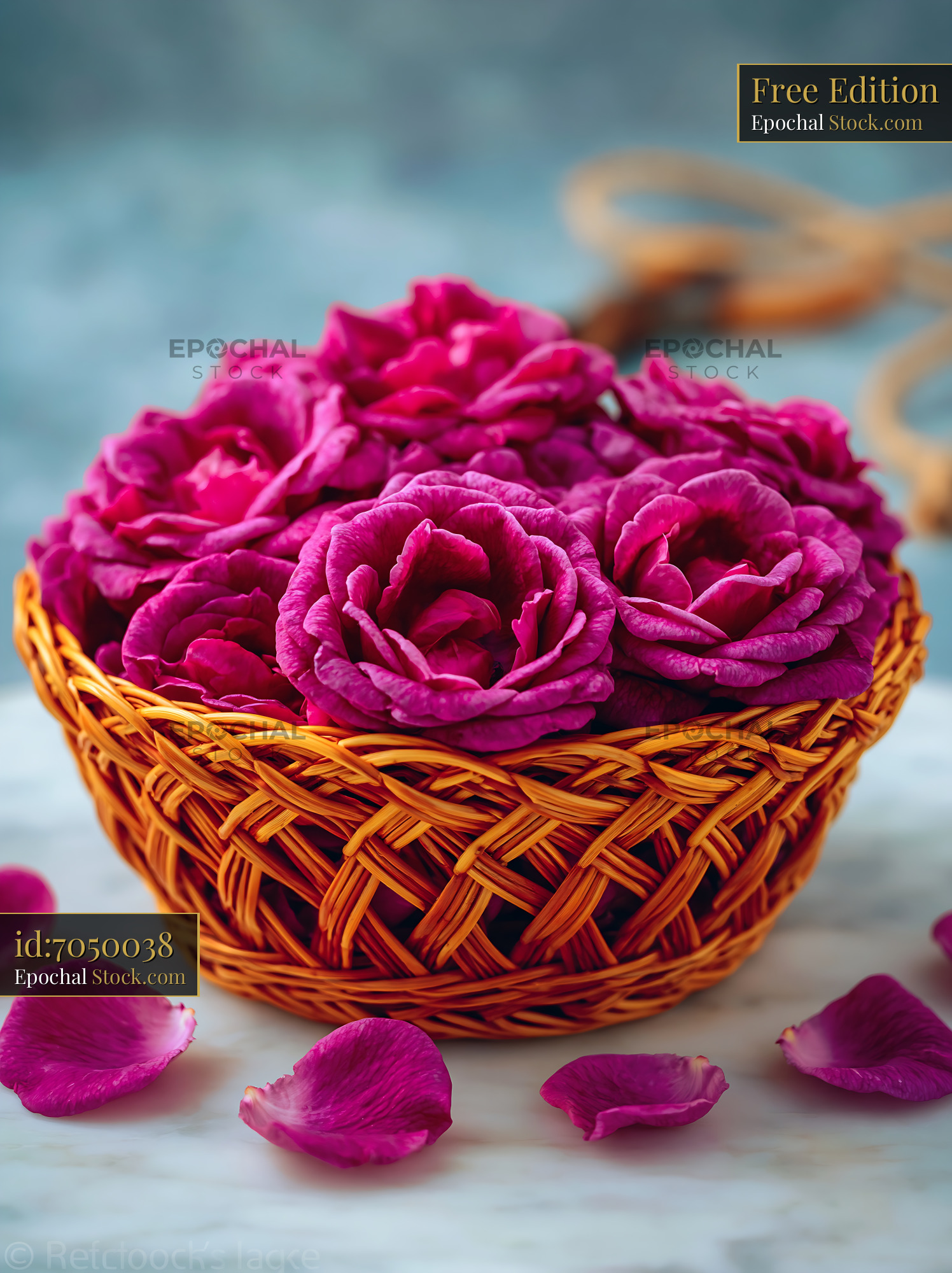 Fresh magenta roses in a wicker basket on white marble with petals - stock photo