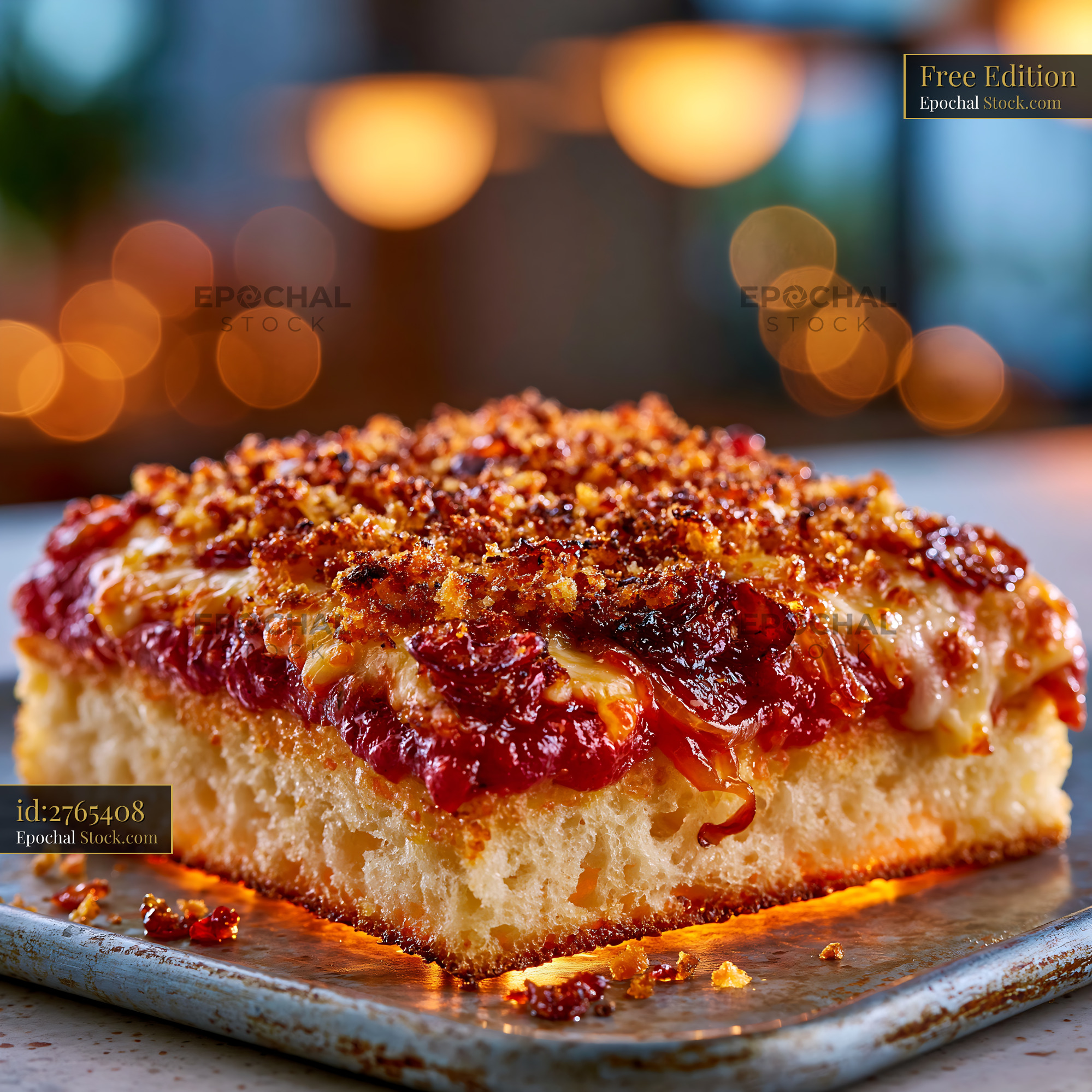 Slice of authentic sfincione pizza with thick crust and breadcrumbs - stock photo
