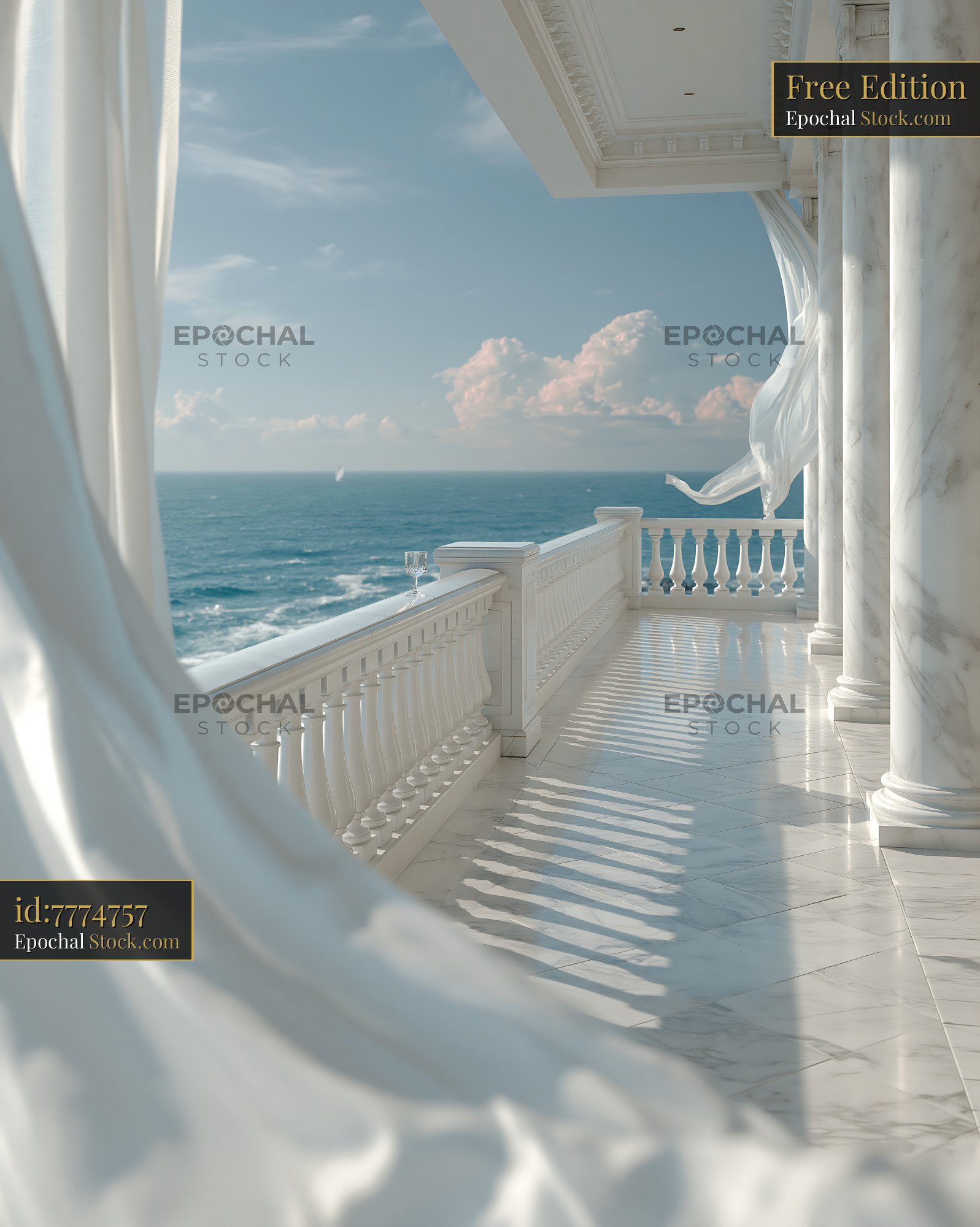 Luxury hotel balcony with white marble terrace overlooking the ocean - stock photo