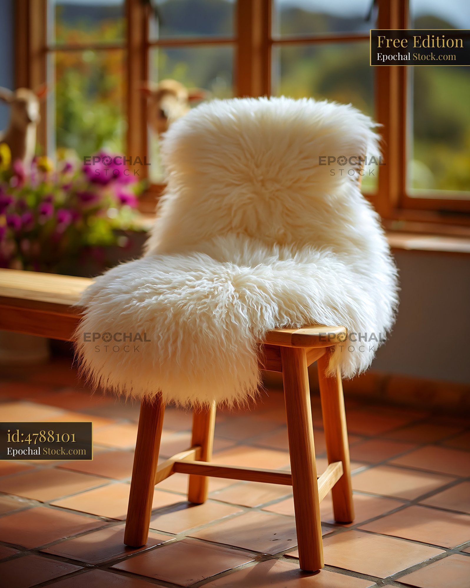 White sheepskin rug on a wooden bench in a sunlit sunroom - stock photo